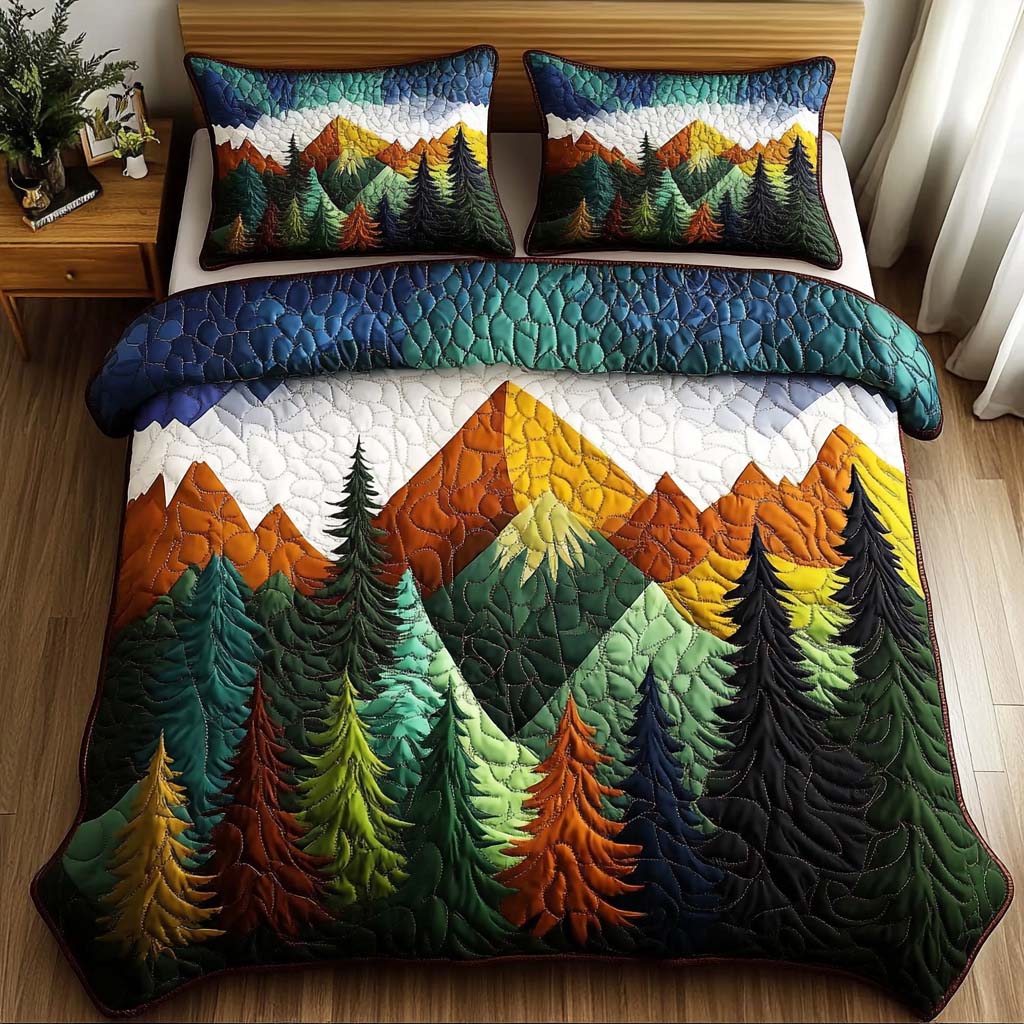 Golden Pinescape Quilted Bedding Set Bedroom Decor Ideas Presents For Nature Lovers