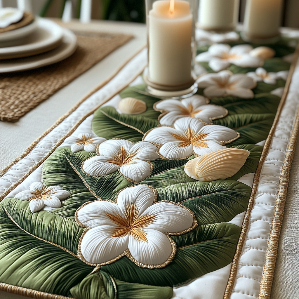 Golden Plumeria Quilted Table Runner Dinner Table Decor Christmas Gifts For Flower Lovers
