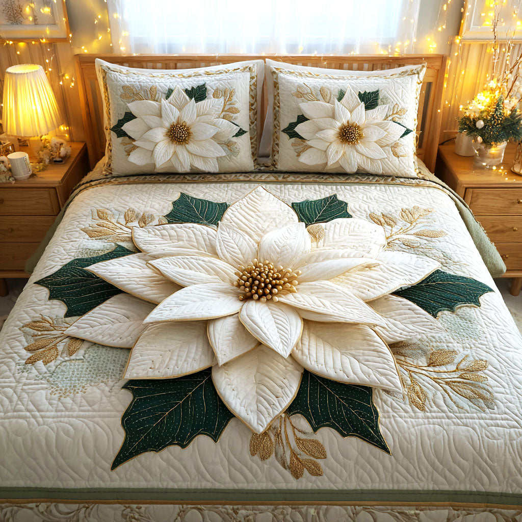 Golden Poinsettia Bloom Quilted Bedding Set Holiday Duvet Covers Xmas Presents For Mother In Law
