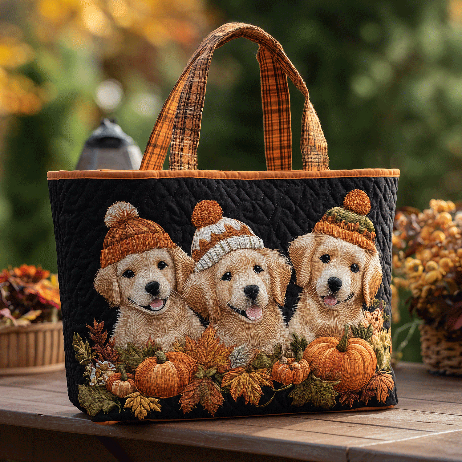 Golden Pumpkin Pals Quilted Tote Bag Xmas Presents For Dog Lovers