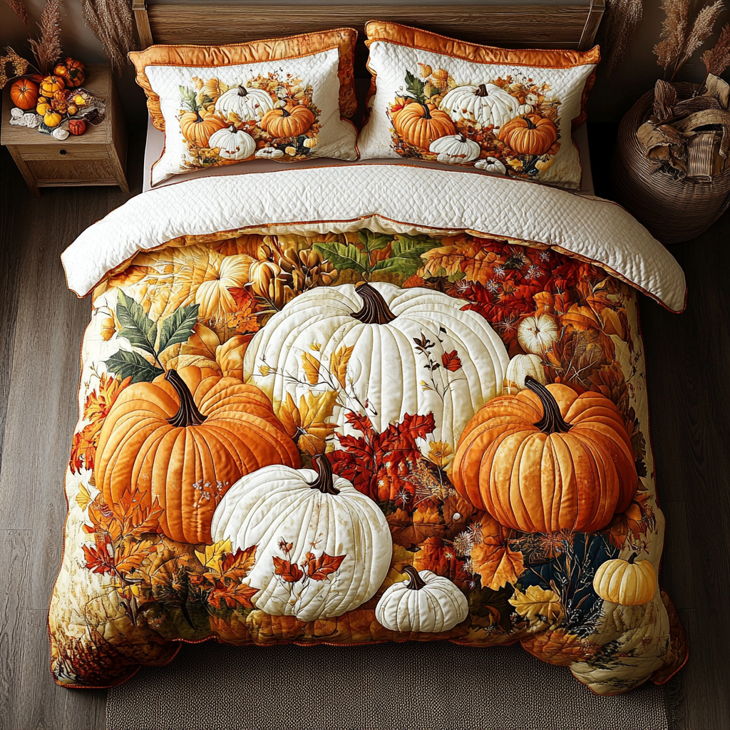 Golden Pumpkin Quilted Bedding Set Bed Decorations Fall Autumn Season Gifts