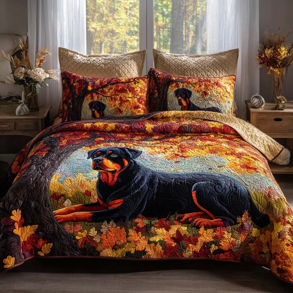 Golden Pup Quilted Bedding Set Holiday Season Duvet Cover Set Rottweiler Christmas Gifts