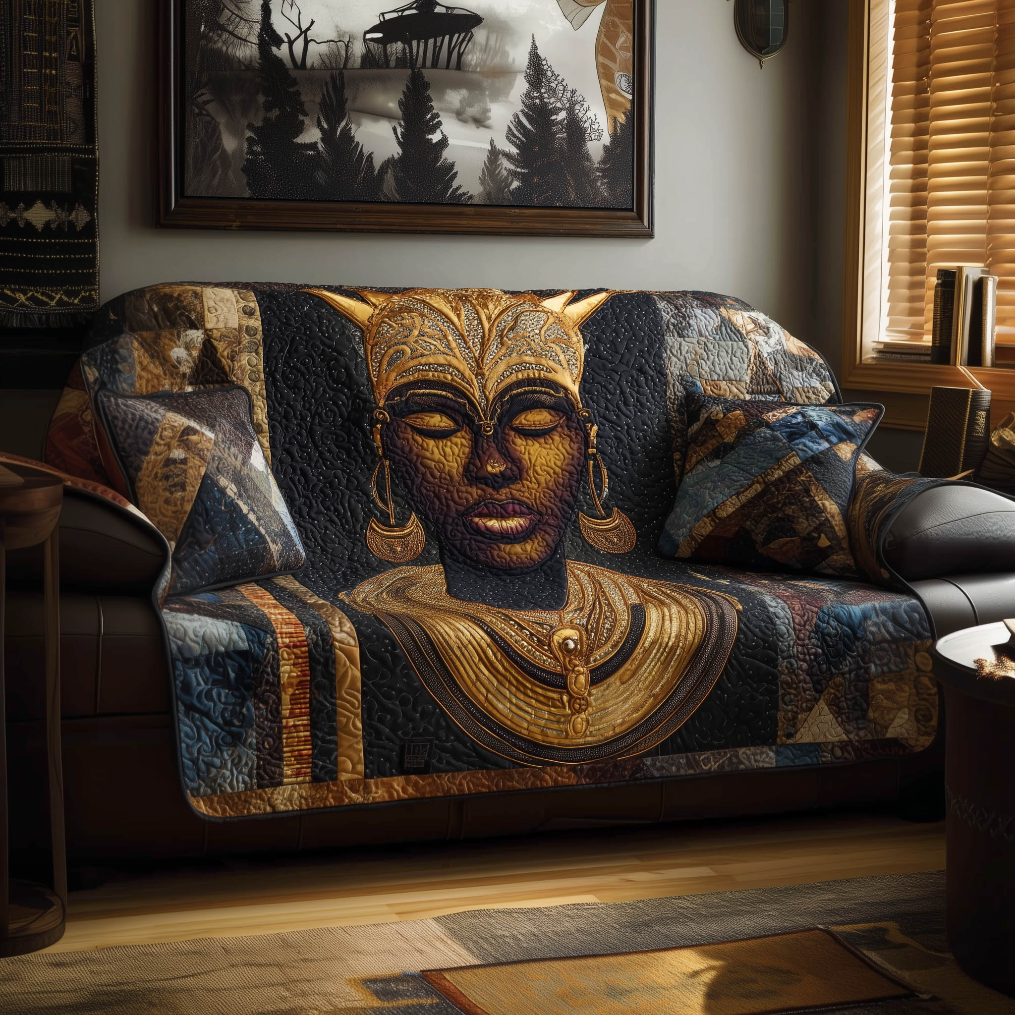 Golden Queen Quilted Sofa Cover Regal Black Queen Portrait African American Gifts For Women