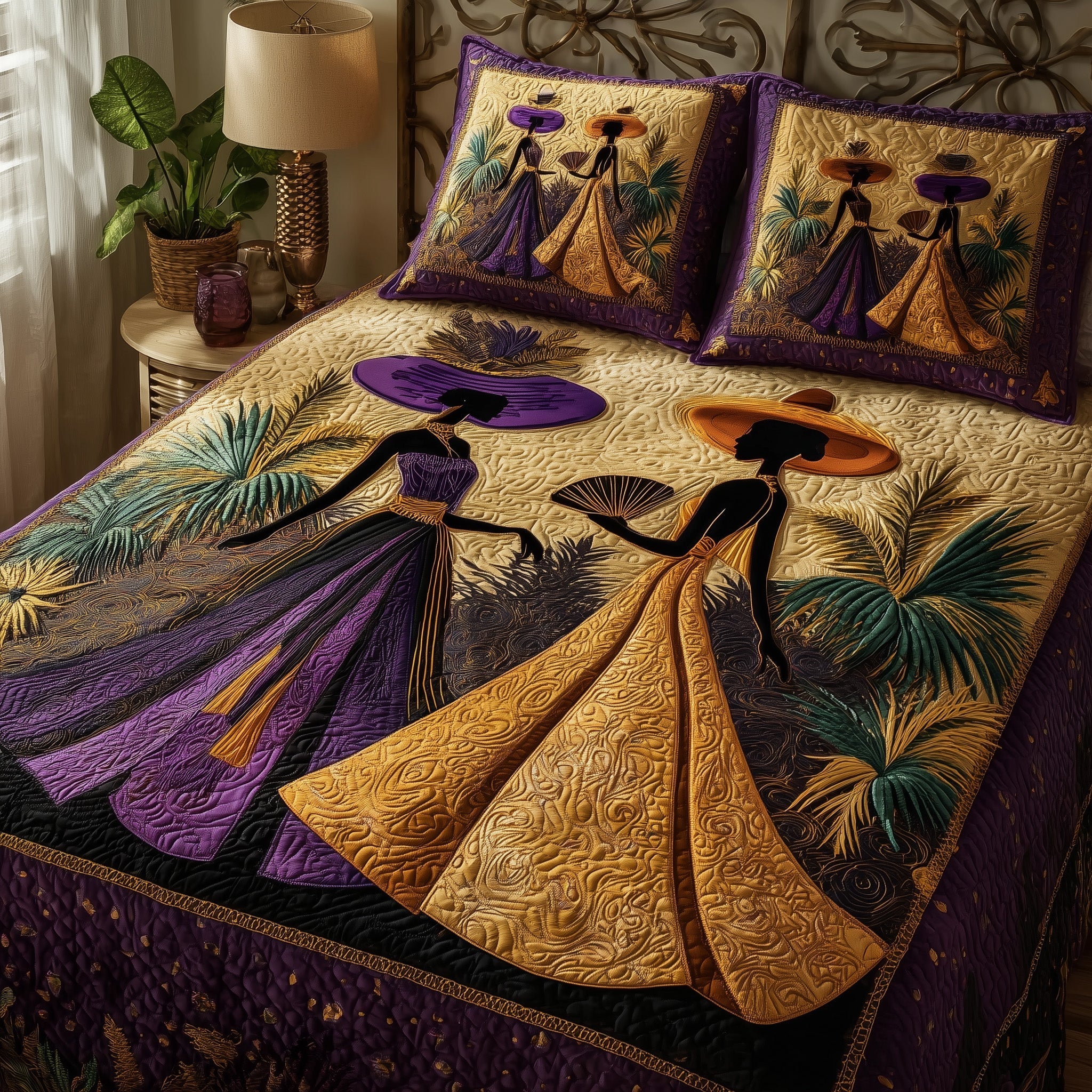 Golden Queens Quilted Bedding Set Elegant Afrocentric Bedroom Decor Best Gift For Her