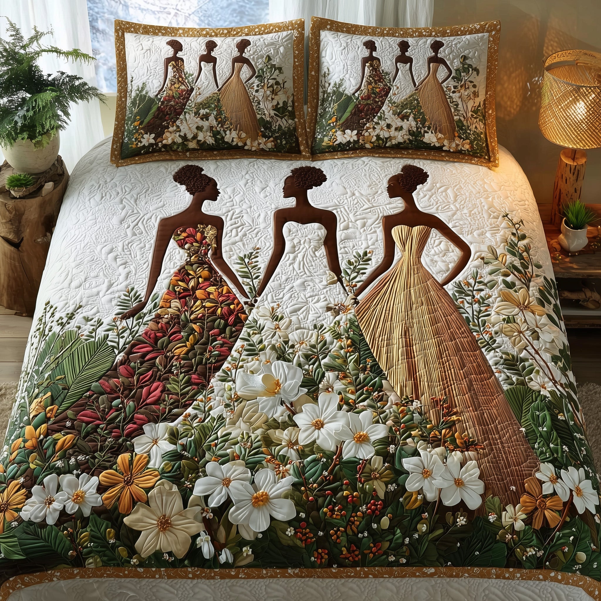 Golden Queens Quilted Bedding Set Geometrical Pattern