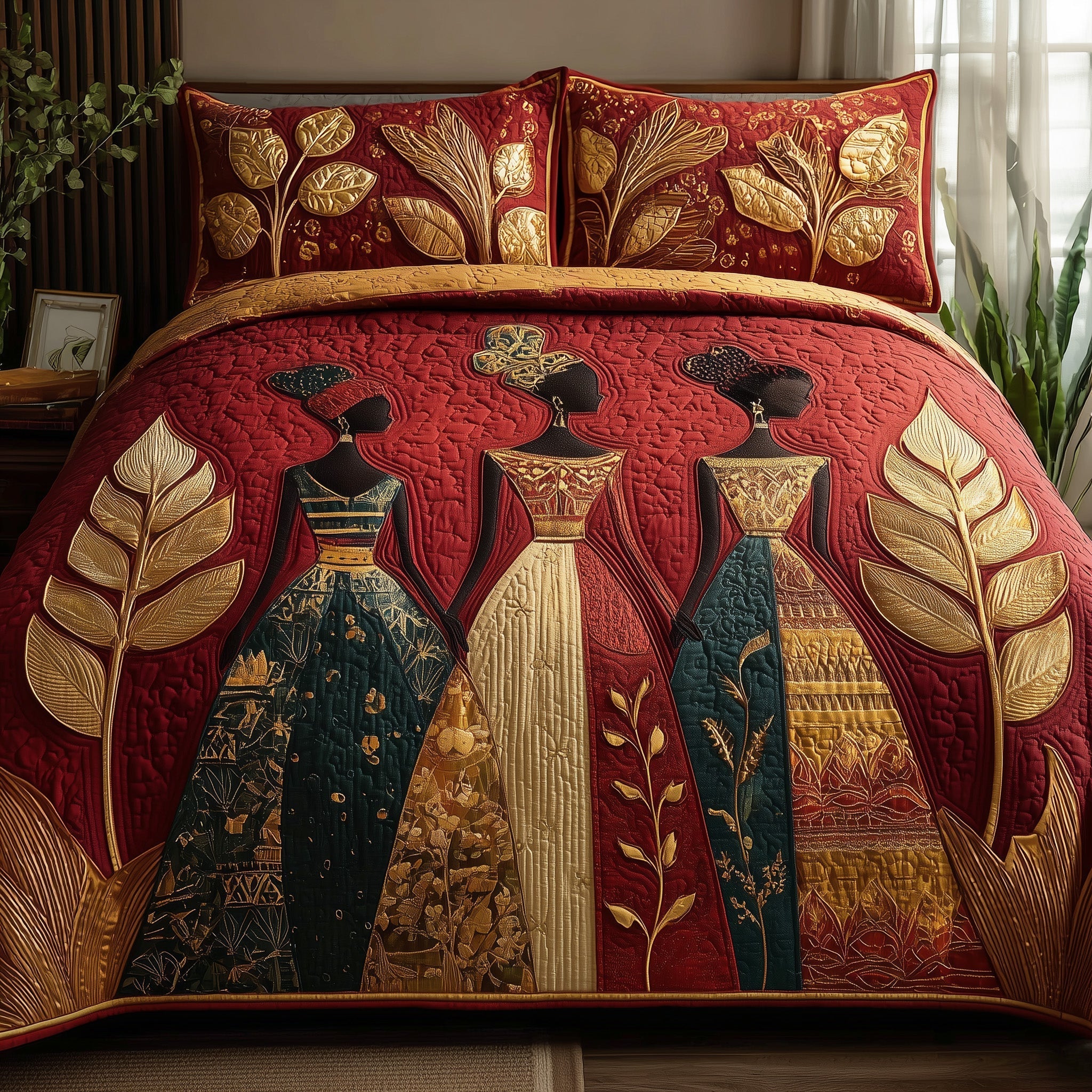 Golden Queens Quilted Bedding Set Luxury Afrocentric Bedroom Decor Gift For Her
