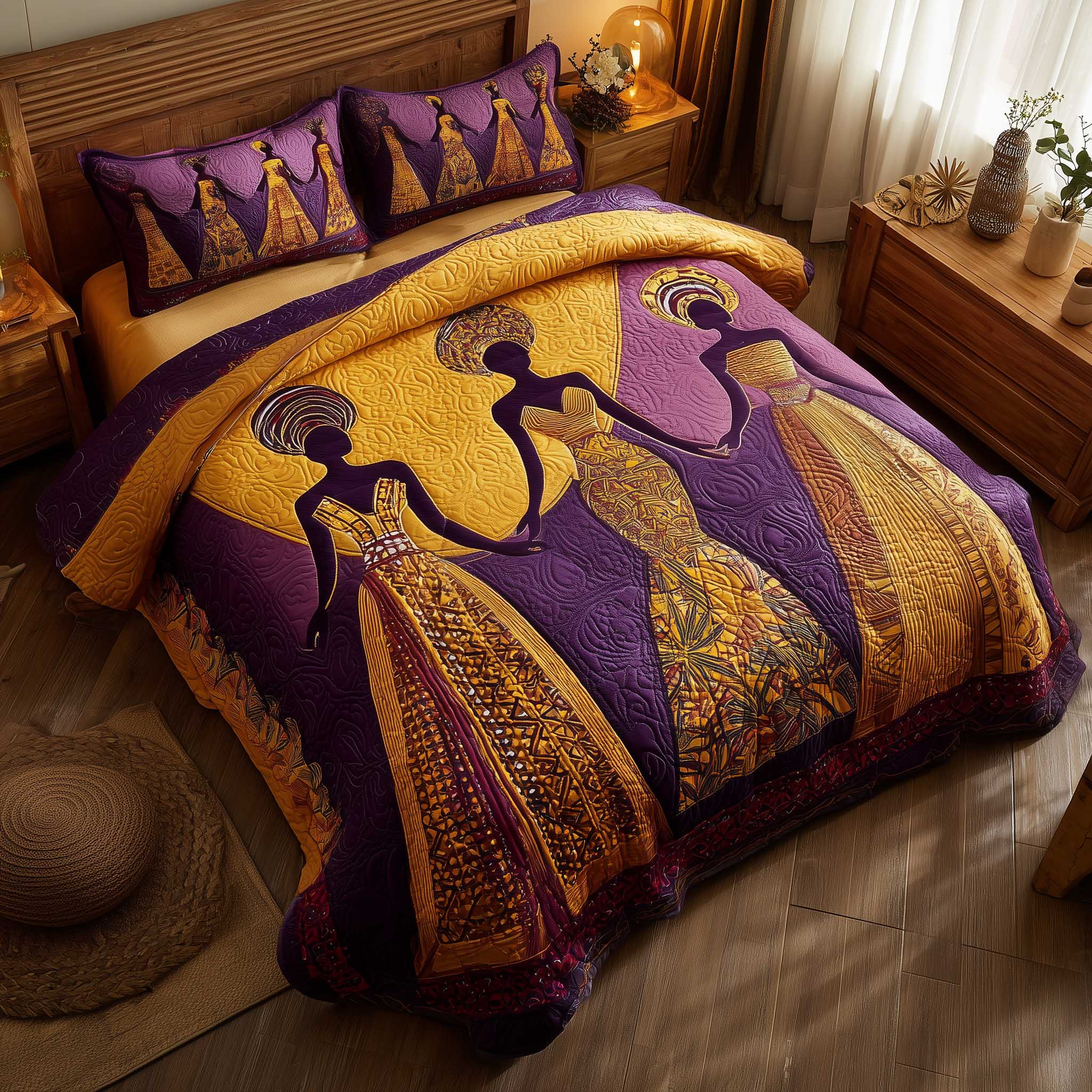 Golden Queens Quilted Bedding Set Luxury Bedroom Decor Elegant Gift For Her