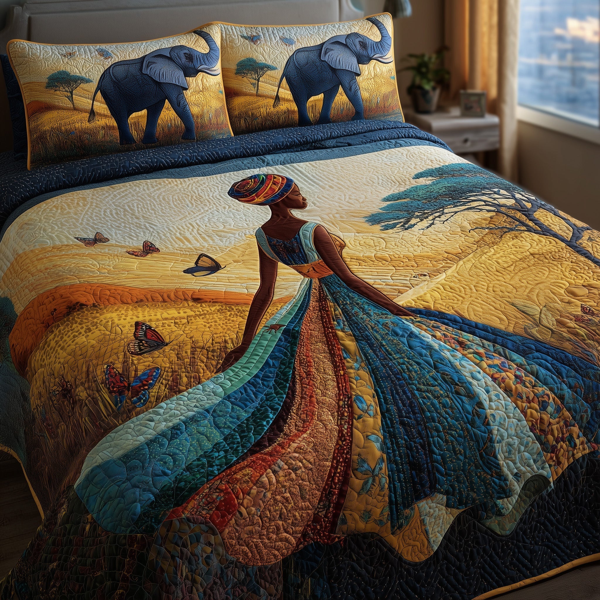 Golden Queens Quilted Bedding Set Regal Afrocentric Bedroom Decor Best Gift For Her