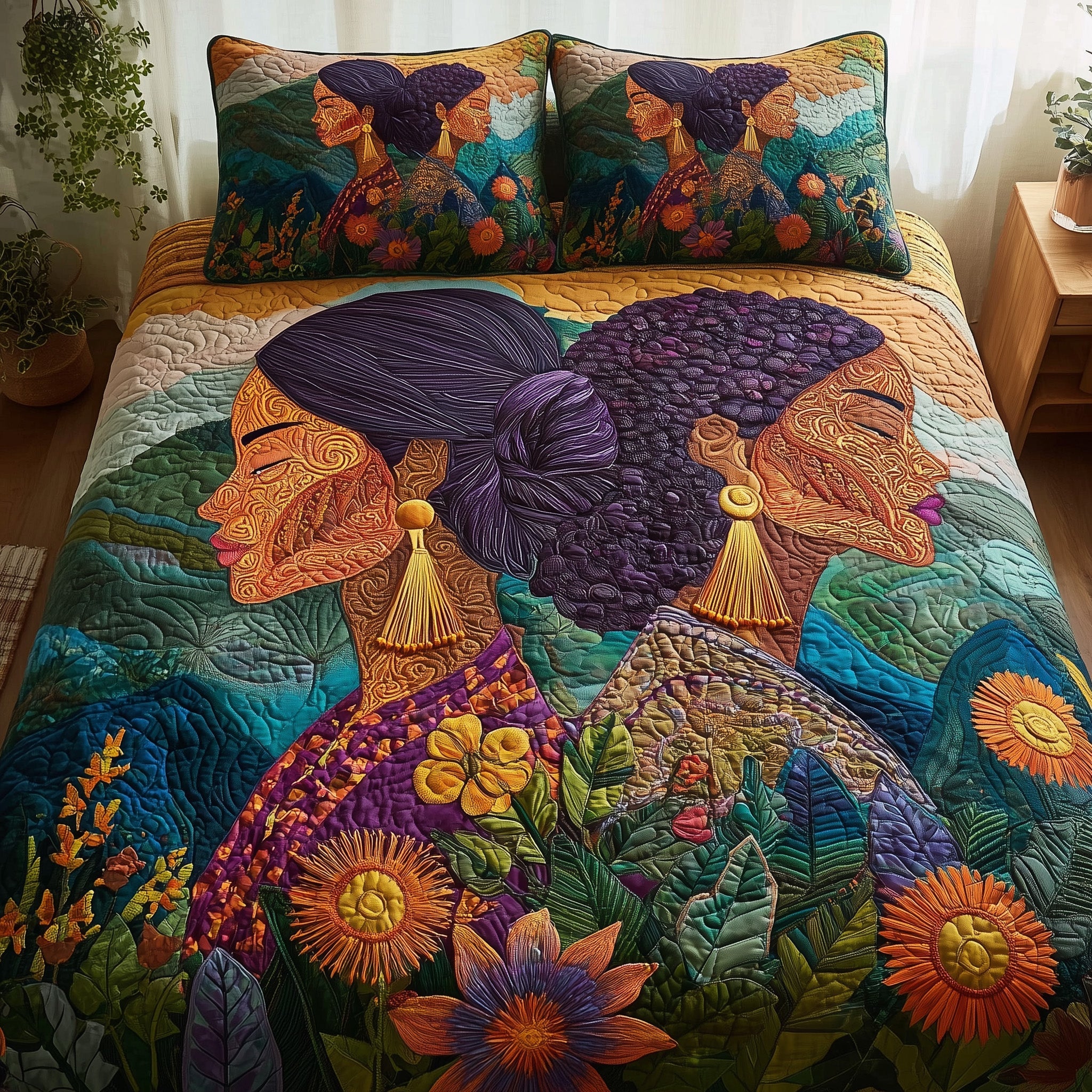 Golden Queens Quilted Bedding Set Striped Design