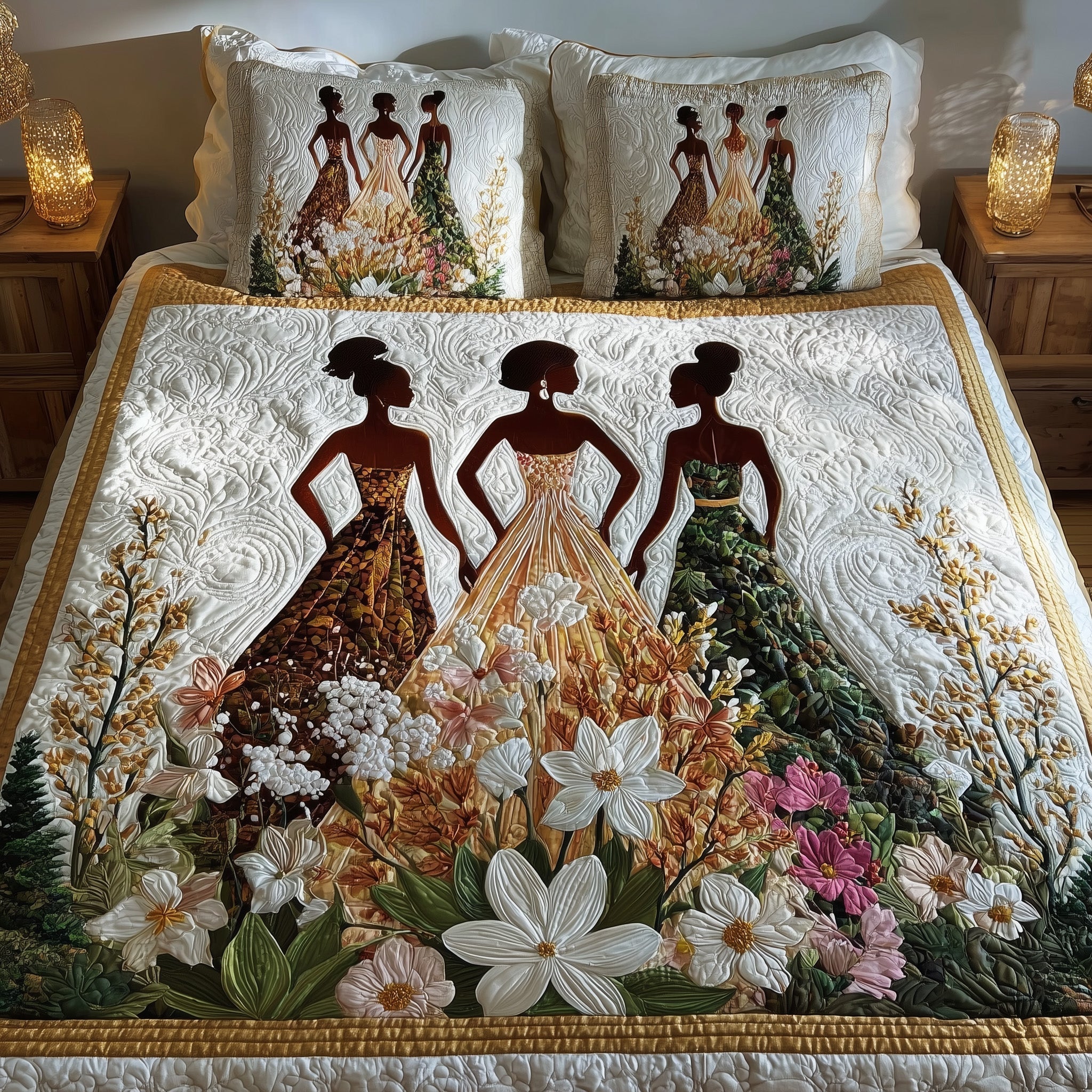 Golden Queens Quilted Bedding Set Vibrant Afrocentric Bedroom Decor Gift For Her