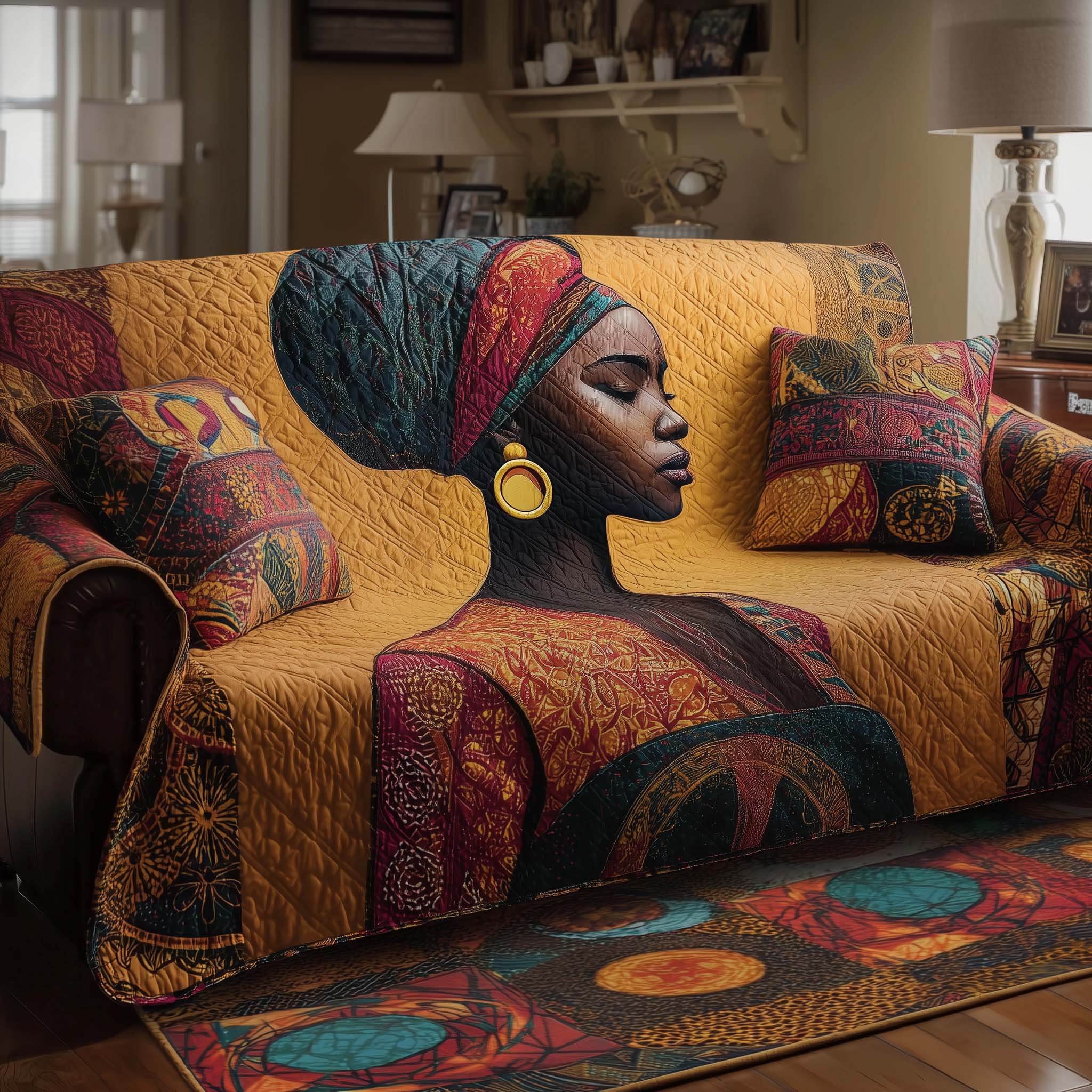 Golden Queens Quilted Sofa Cover Queen Sofa Throw Anti-Slip African American Gifts For Women