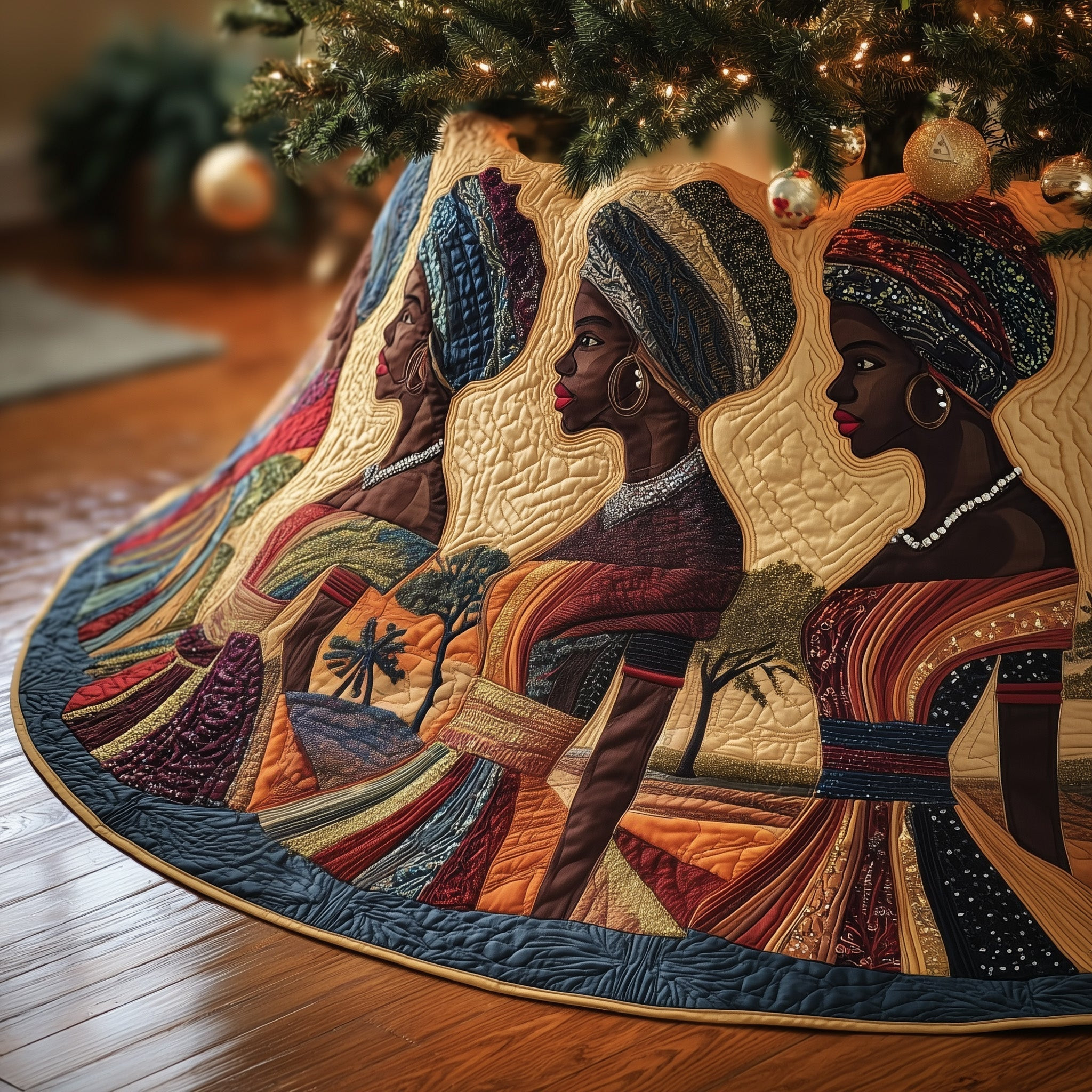 Golden Queens Quilted Tree Skirt Modern Interior Decor Christmas Gifts For Mother