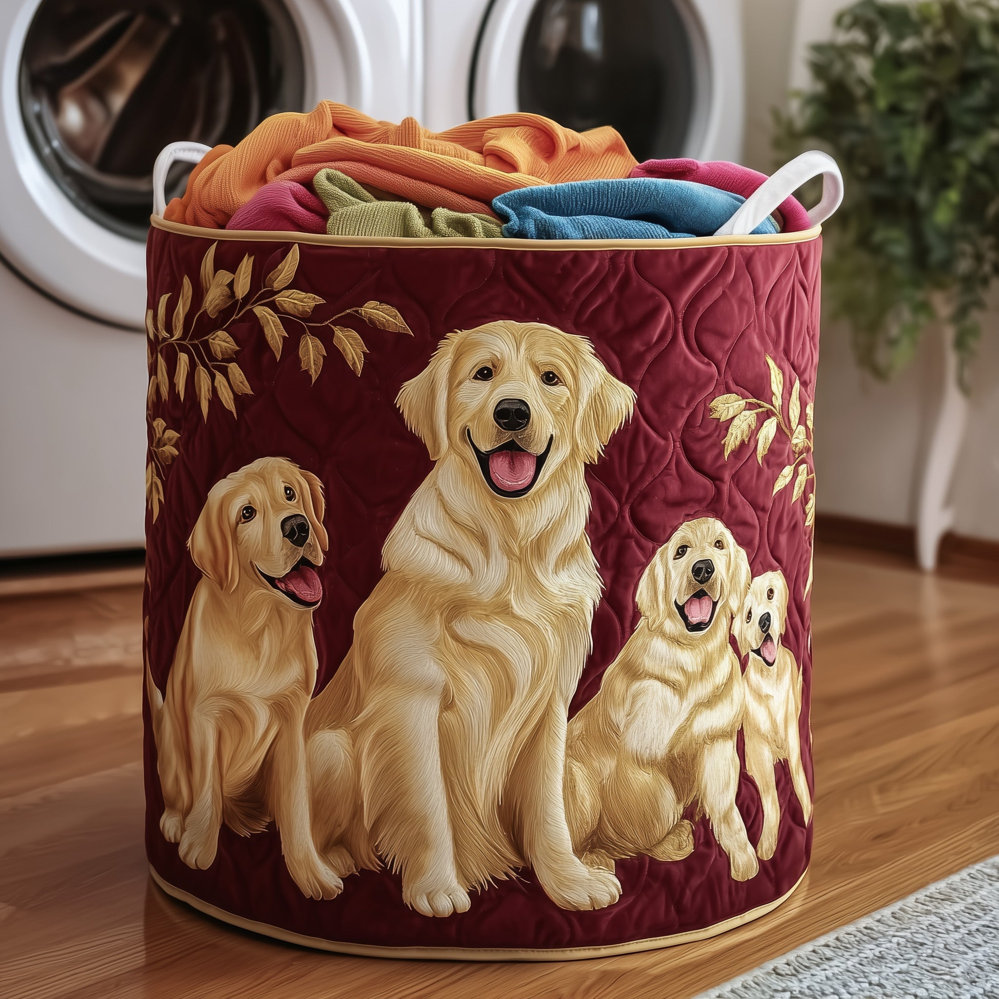Golden Quilted Laundry Basket Dog Lovers Themed Gifts Items