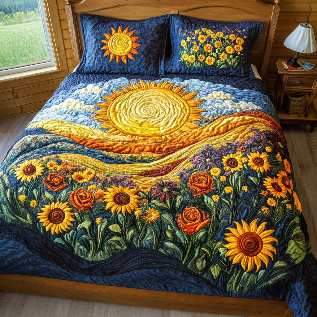 Golden Radiance Quilted Bedding Set Cute Bedroom Decor Sunflower Gifts For Friends
