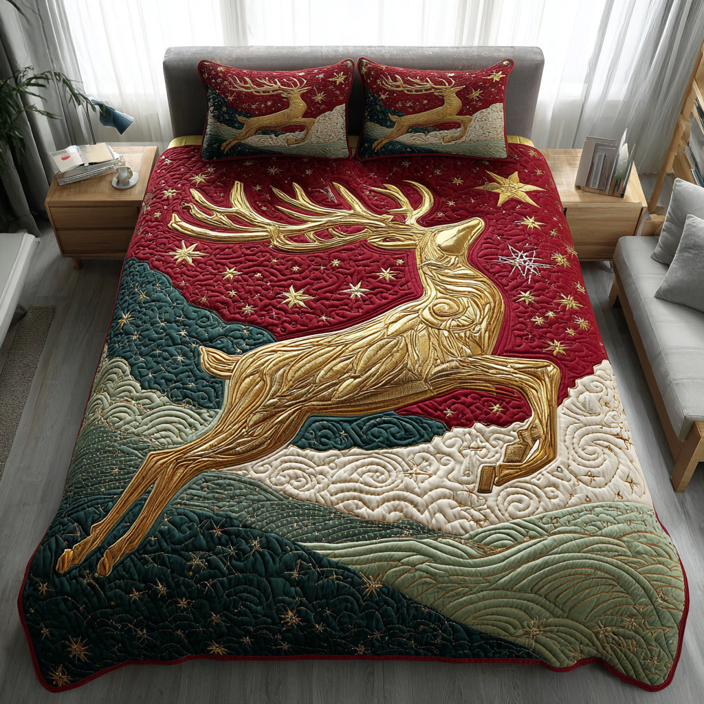 Golden Reindeer Night Quilted Bedding Set Best Holiday Duvet Covers Holiday Gifts For Employees