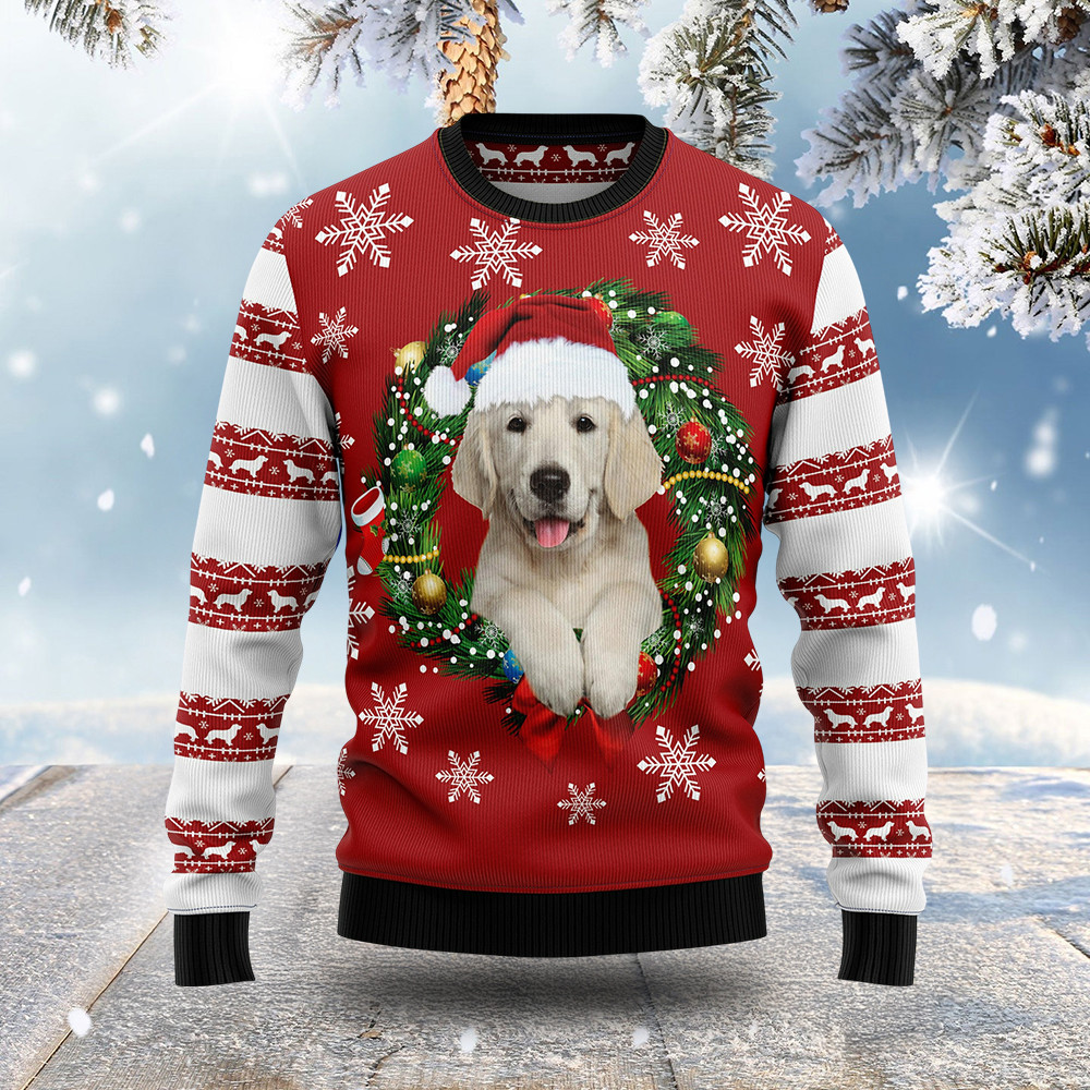Golden Retriever And Wreath Ugly Christmas Sweater Holiday Clothing Xmas Gifts For Dog Lovers