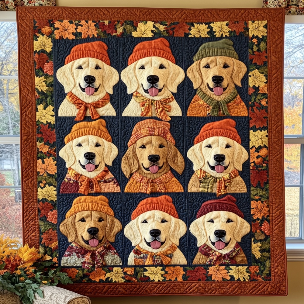 Golden Retriever Autumn Quilted Blanket Fall Season Dog Art Cozy Throw Best Gift For Retriever Lovers