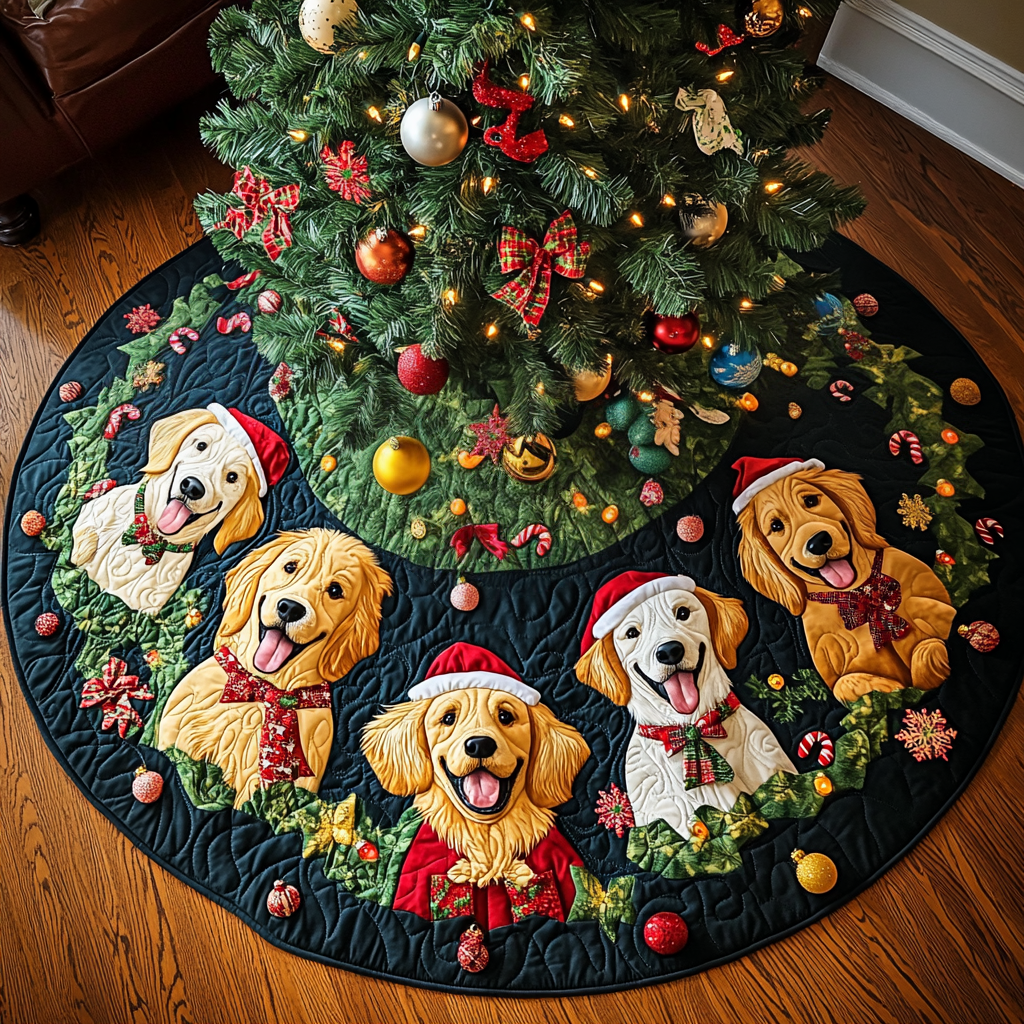 Golden Retriever Candies Christmas Quilted Tree Skirt Must Have Holiday Merch for Christmas Decor