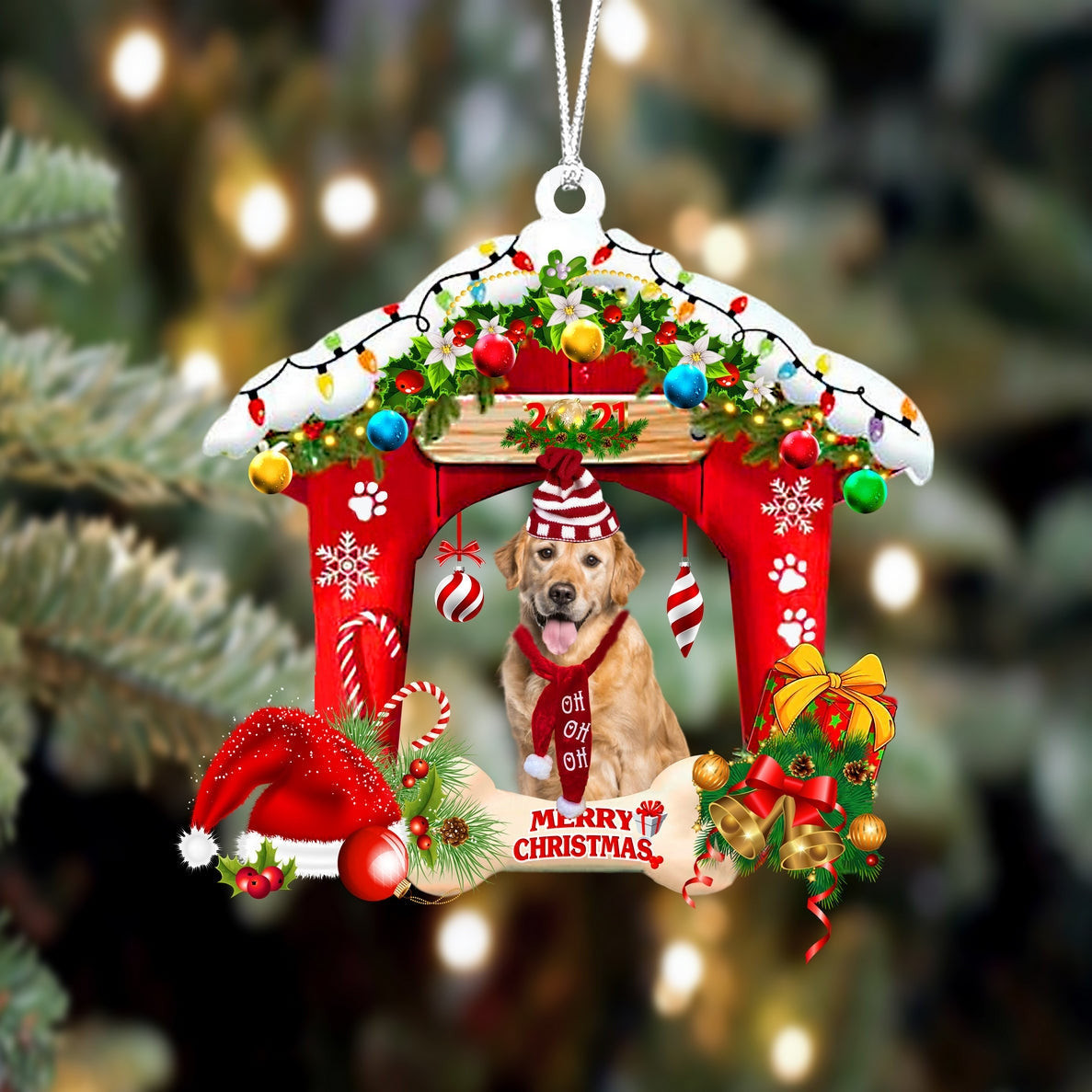Golden Retriever Christmas House Custom Shaped Two Sided Ornament