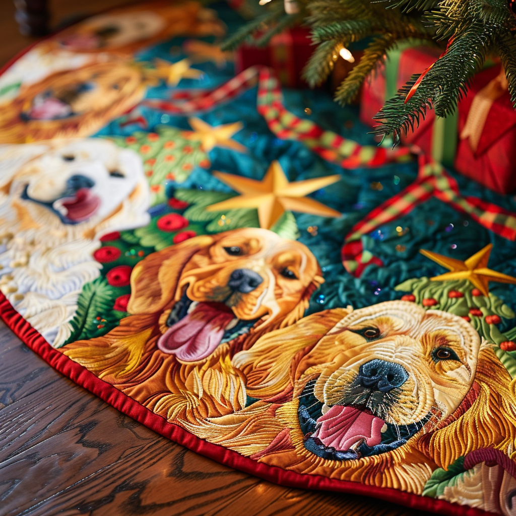Golden Retriever Christmas Joy Christmas Quilted Tree Skirt Classic Red and White Tree Skirt for Traditional Decor