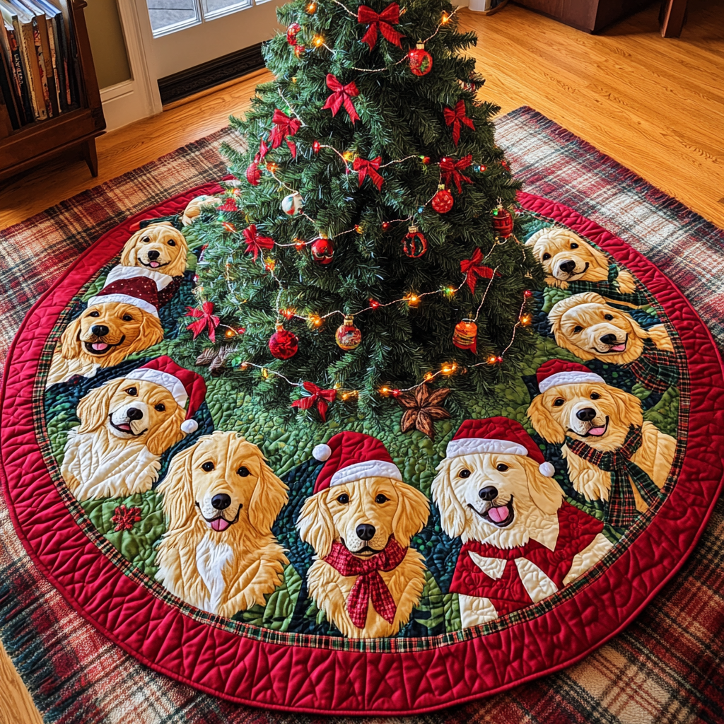 Golden Retriever Christmas Joy Chritstmas Quilted Tree Skirt Special Holiday Tree Skirt Gift for Newlyweds