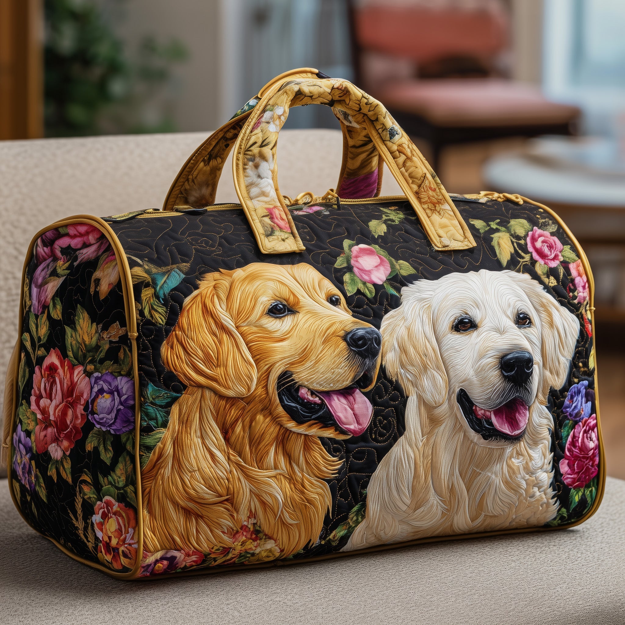 Golden Retriever Couple Quilted Duffle Bag Easy To Clean Surface
