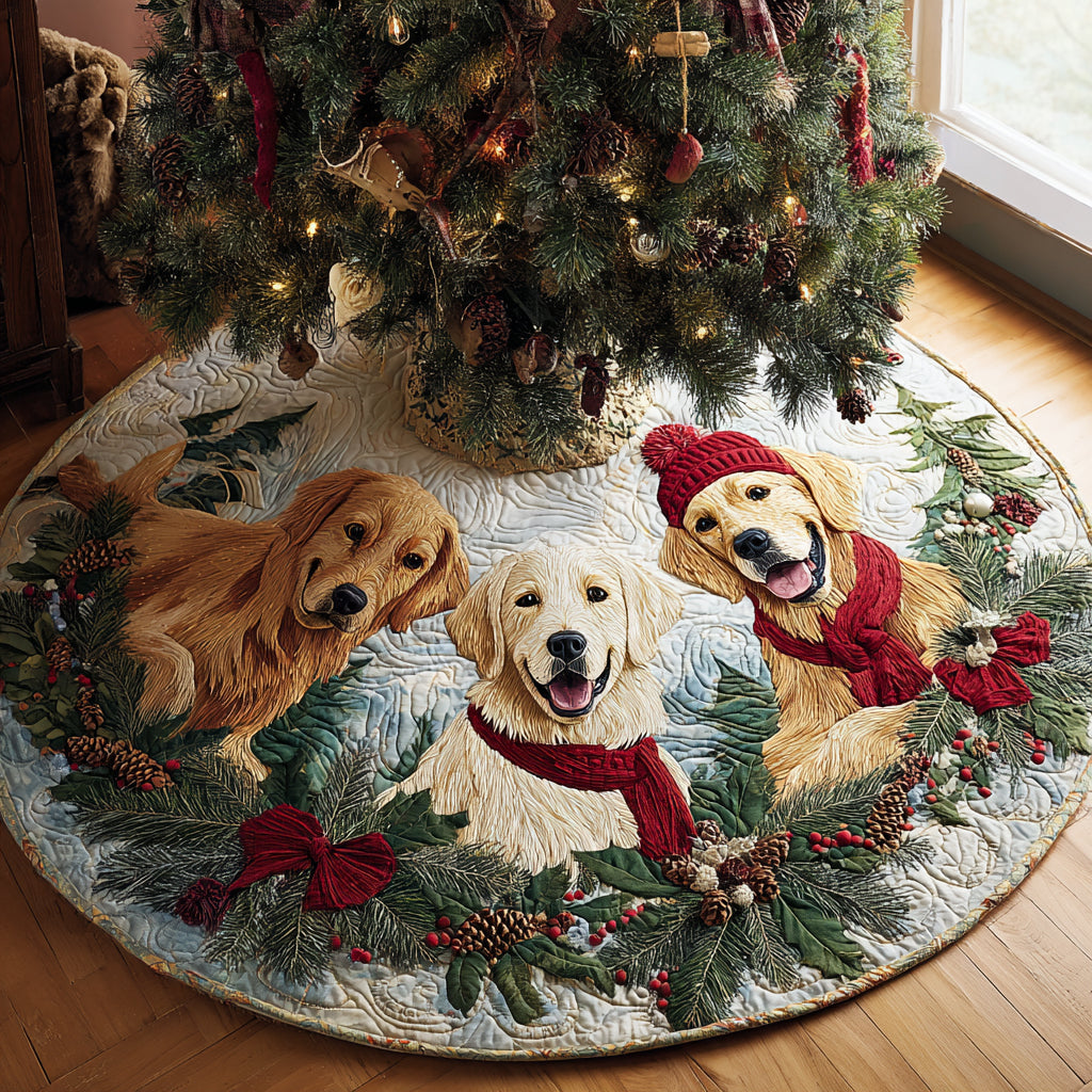 Golden Retriever Delight Quilted Christmas Tree Skirt Holiday Home Decor Unique Golden Retriever Gifts