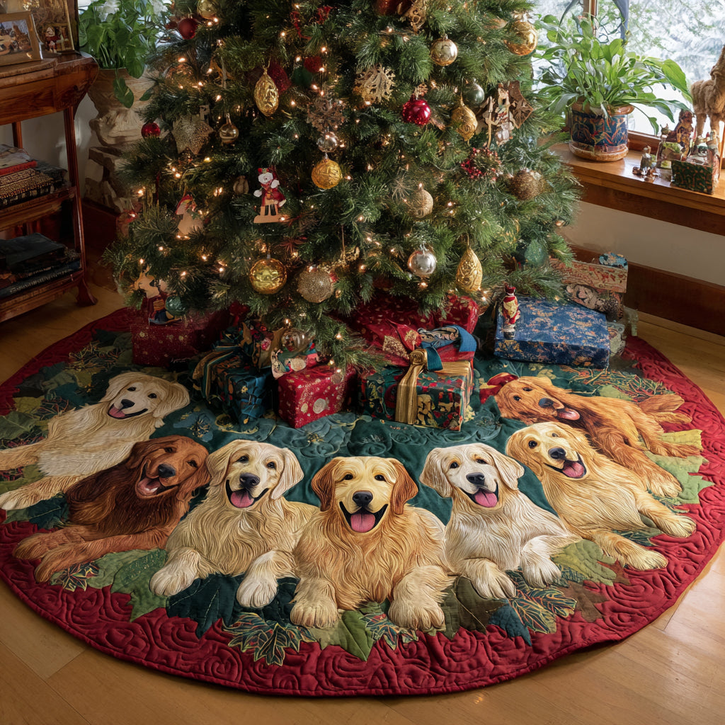Golden Retriever Delight Quilted Christmas Tree Skirt Winter Holiday Decor Best Golden Retriever Gifts