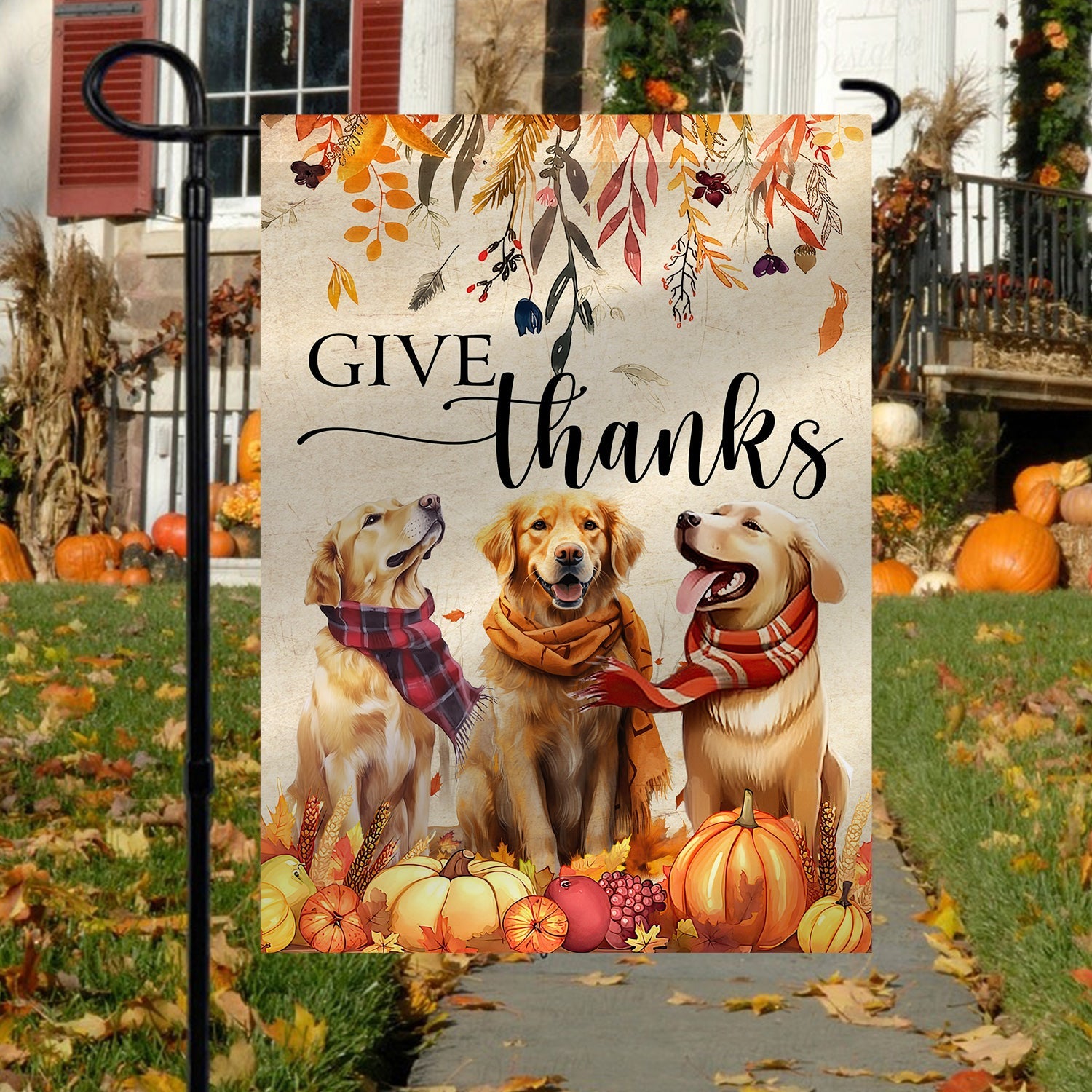 Golden Retriever Dog Thanksgiving Flag Give Thanks MAple Leafs Thanksgiving Decor Gifts