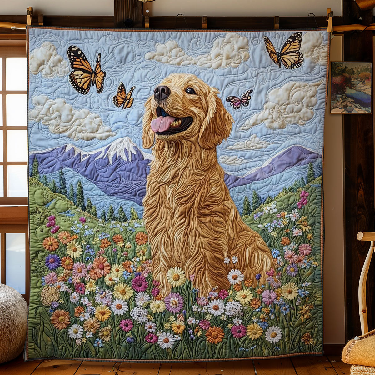 Golden Retriever Flower Quilt Soft Quilt Blanket to Add Style and Warmth