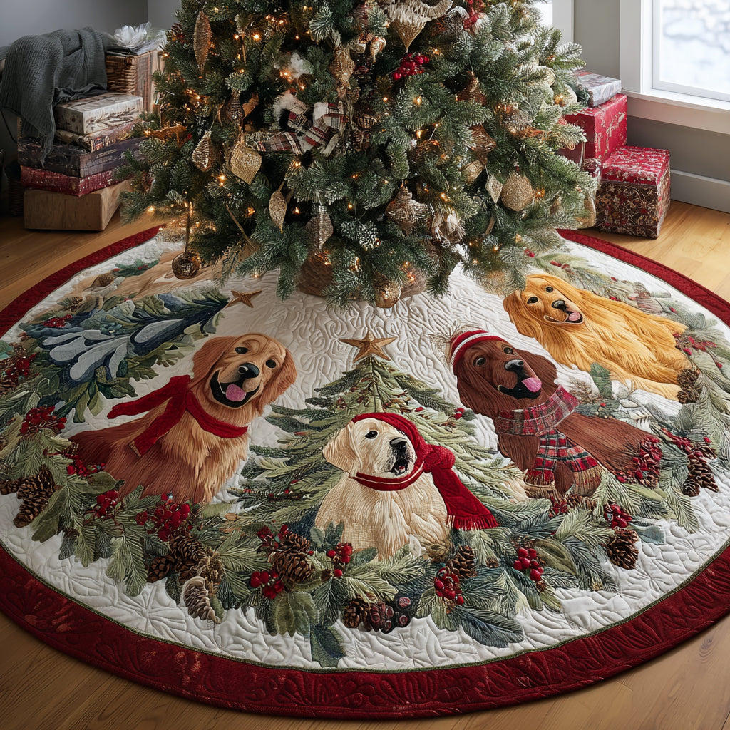 Golden Retriever Gathering Quilted Christmas Tree Skirt Unique Holiday Gift Merch for Family Homes Thoughtful Christmas Tree Skirt Gift Idea
