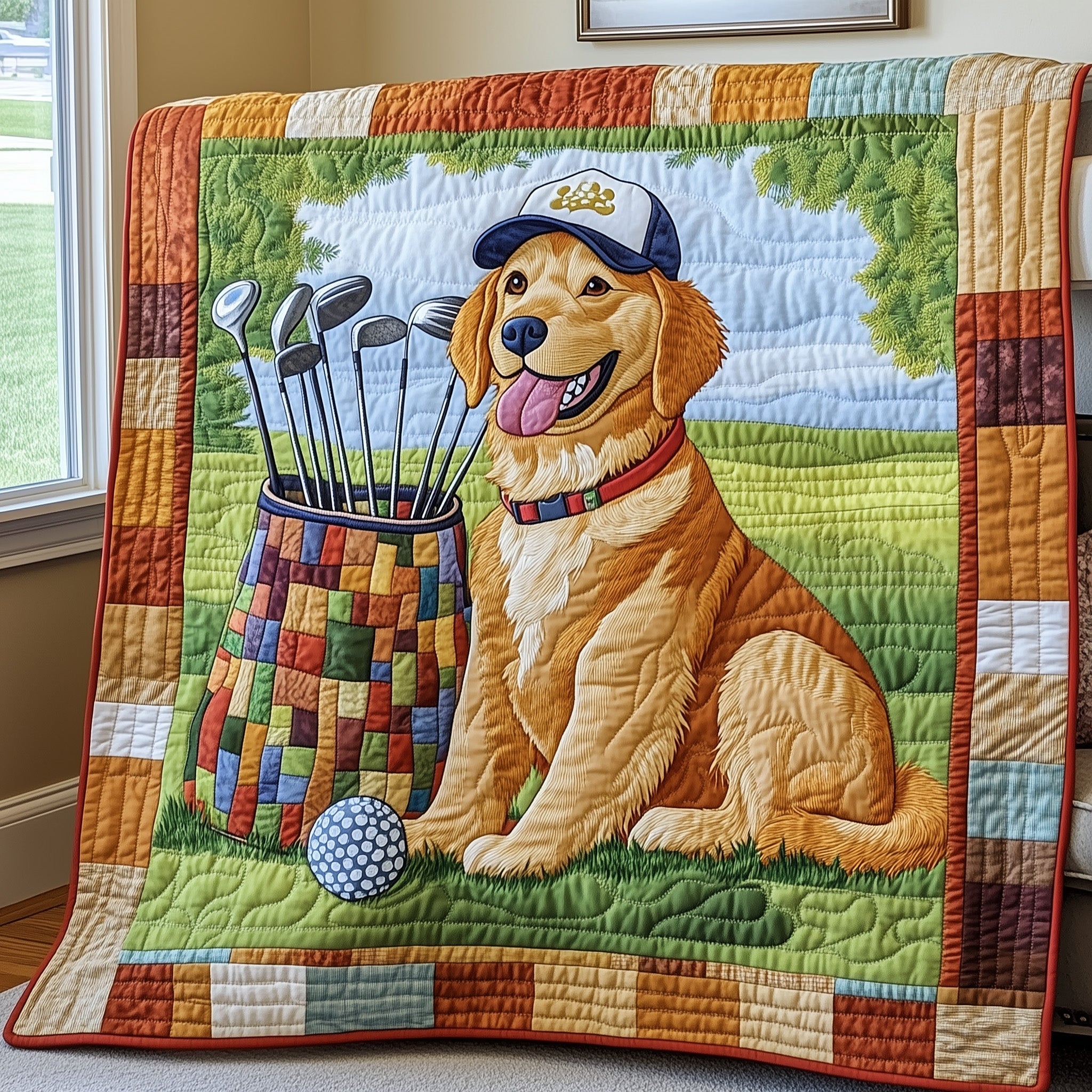Golden Retriever Golf Quilted Blanket Best Couch Throw BlanketPresents For New Dog Owners