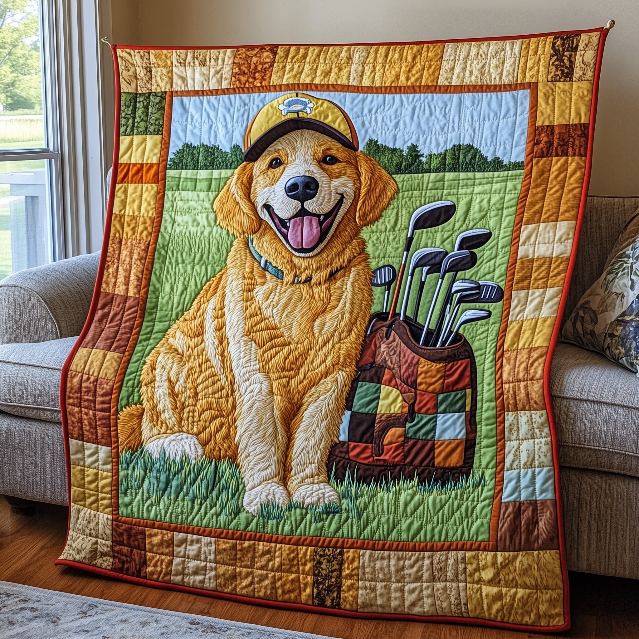 Golden Retriever Golf Quilted Blanket Best Couch Throw BlanketPresents For People With Dogs