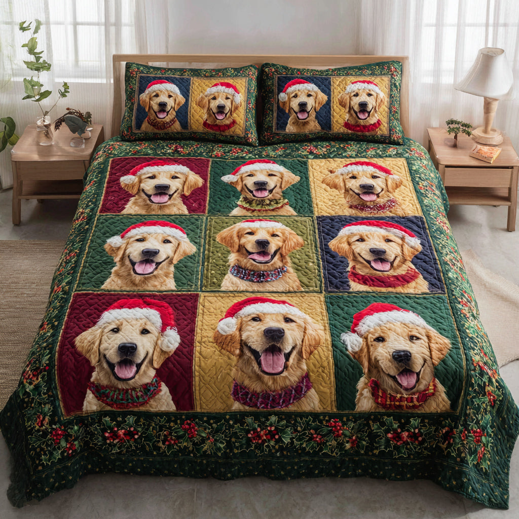 Golden Retriever Grid Quilted Bedding Set Christmas Duvet Cover Best Gifts For Golden Retriever Owners