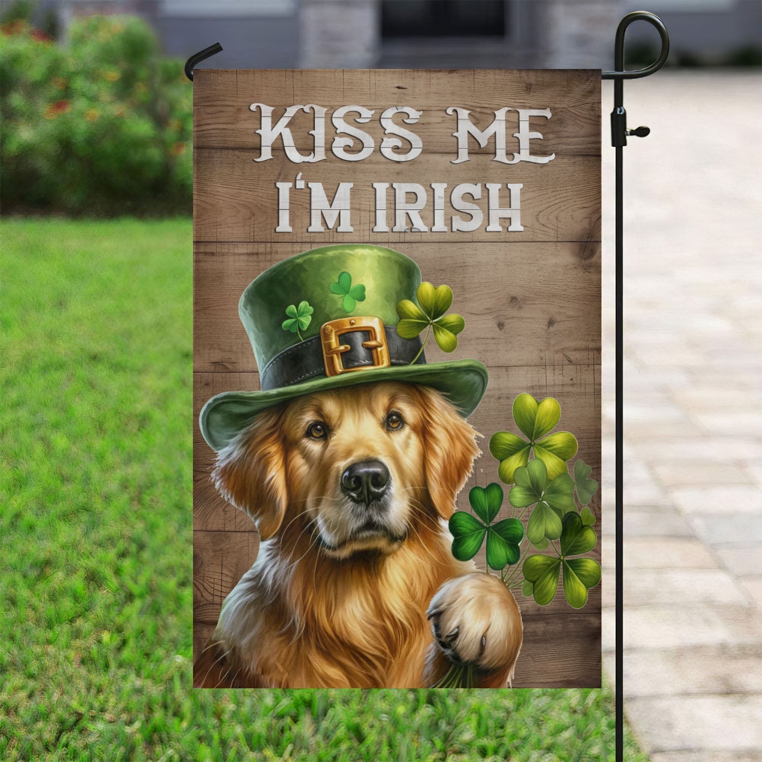 Golden Retriever Kiss Me I'm Irish St Patricks Flag Dog Clover Outdoor Decor Gift For Dog Lover