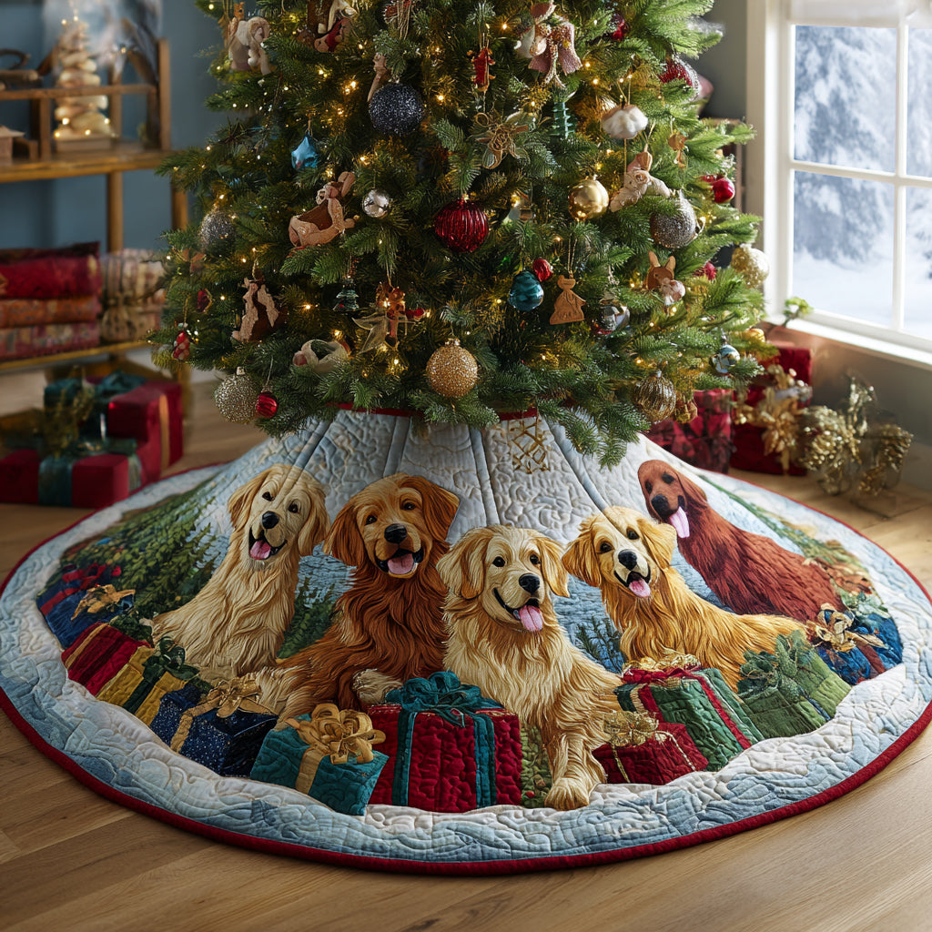 Golden Retriever Love Quilted Christmas Tree Skirt Holiday Home Decor Gifts For Golden Retriever Lovers