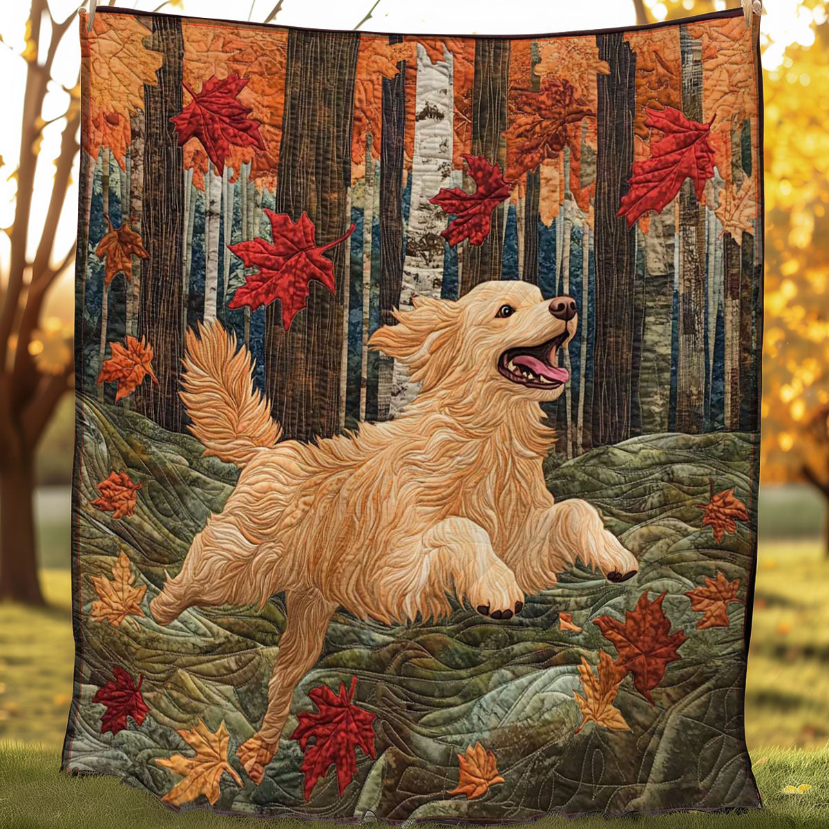 Golden Retriever Maple Quilt Blanket Queen Size Blanket Best Thank You Gifts