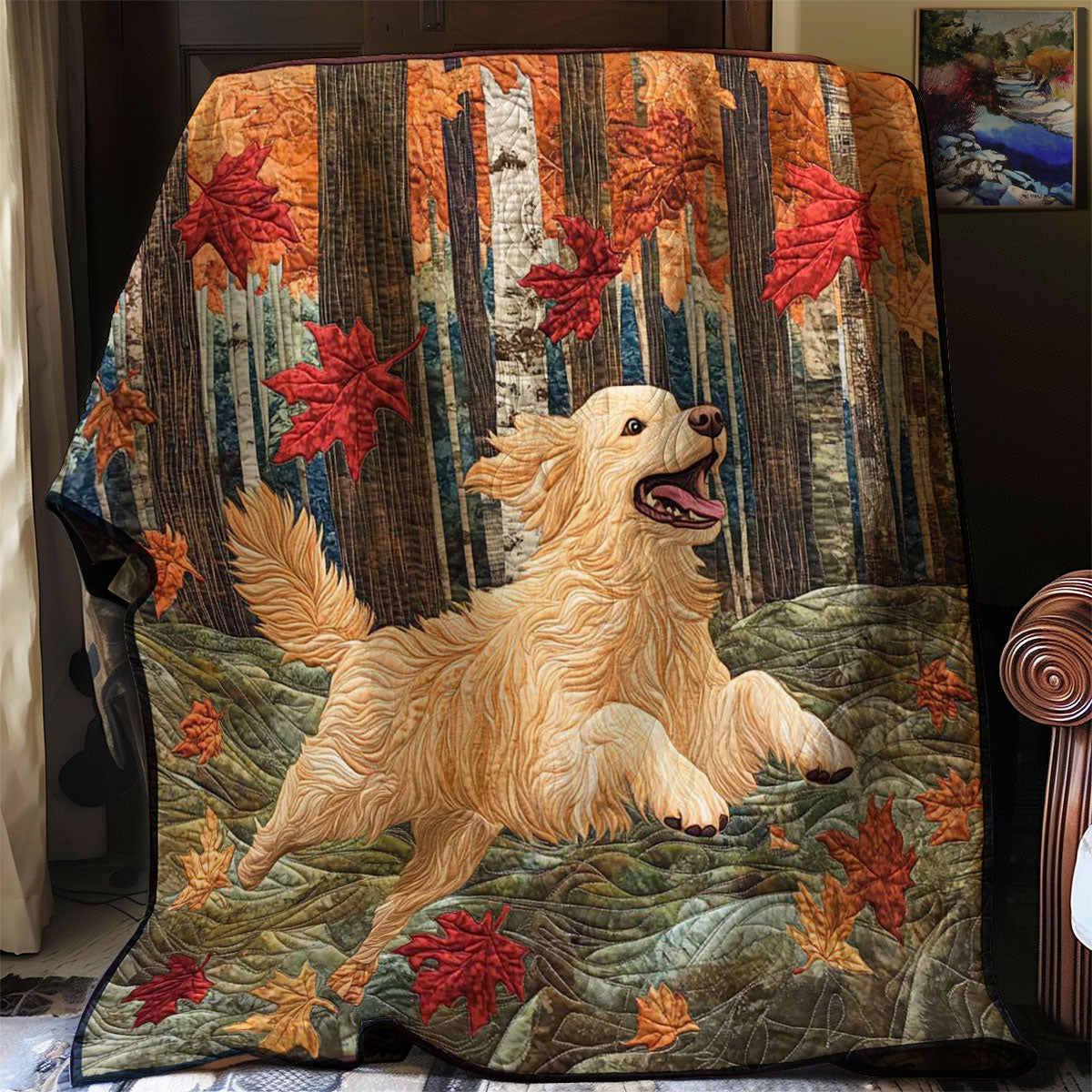 Golden Retriever Maple Quilt Blanket Queen Size Blanket Best Thank You Gifts