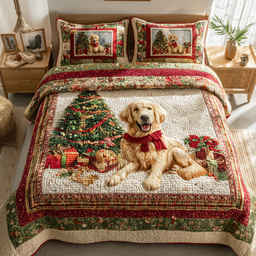 Golden Retriever Quilted Bedding Set Best Christmas Duvet Cover Set Unique Golden Retriever Gifts