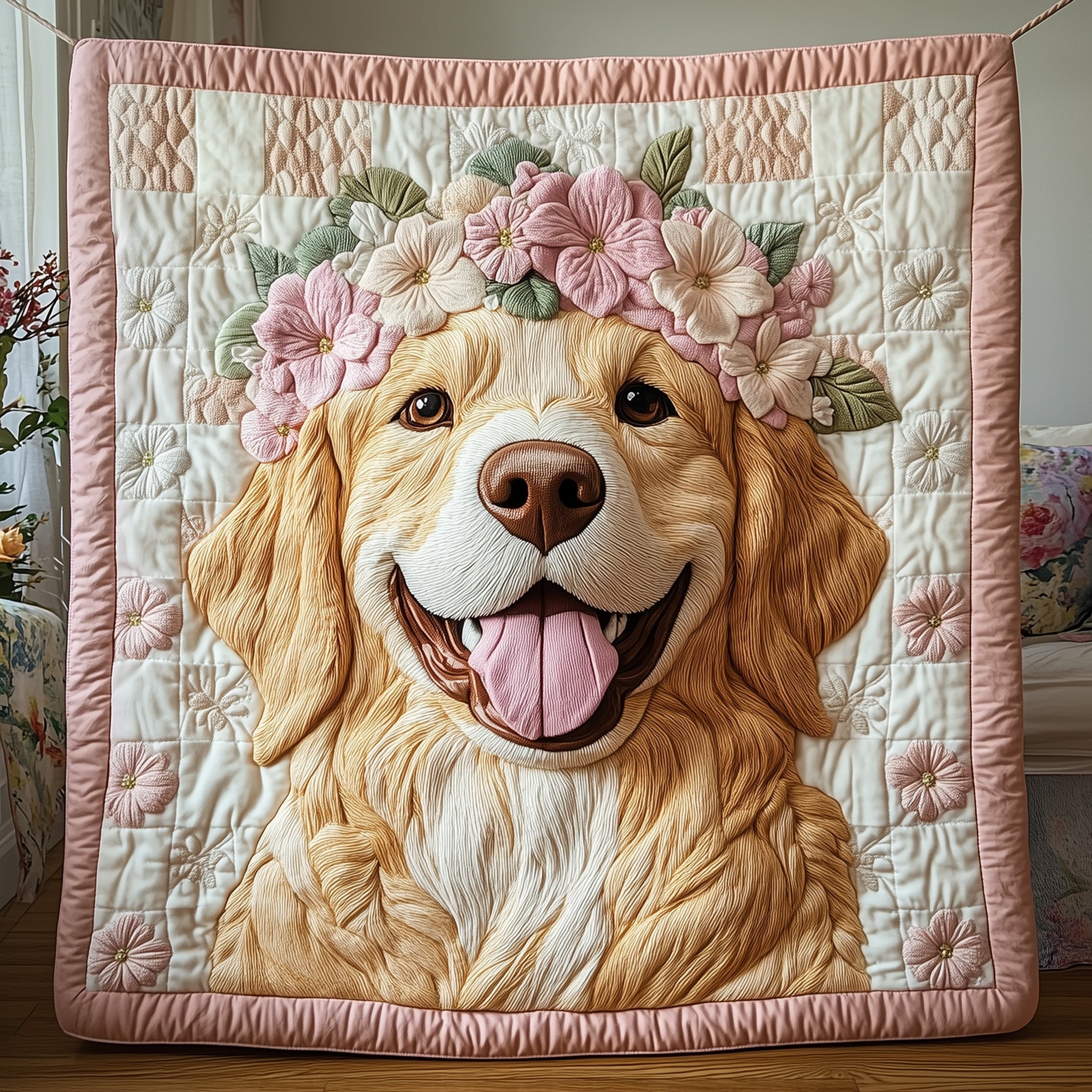Golden Retriever Quilted Blanket Nice Throw BlanketBest Gifts For Dog Lovers