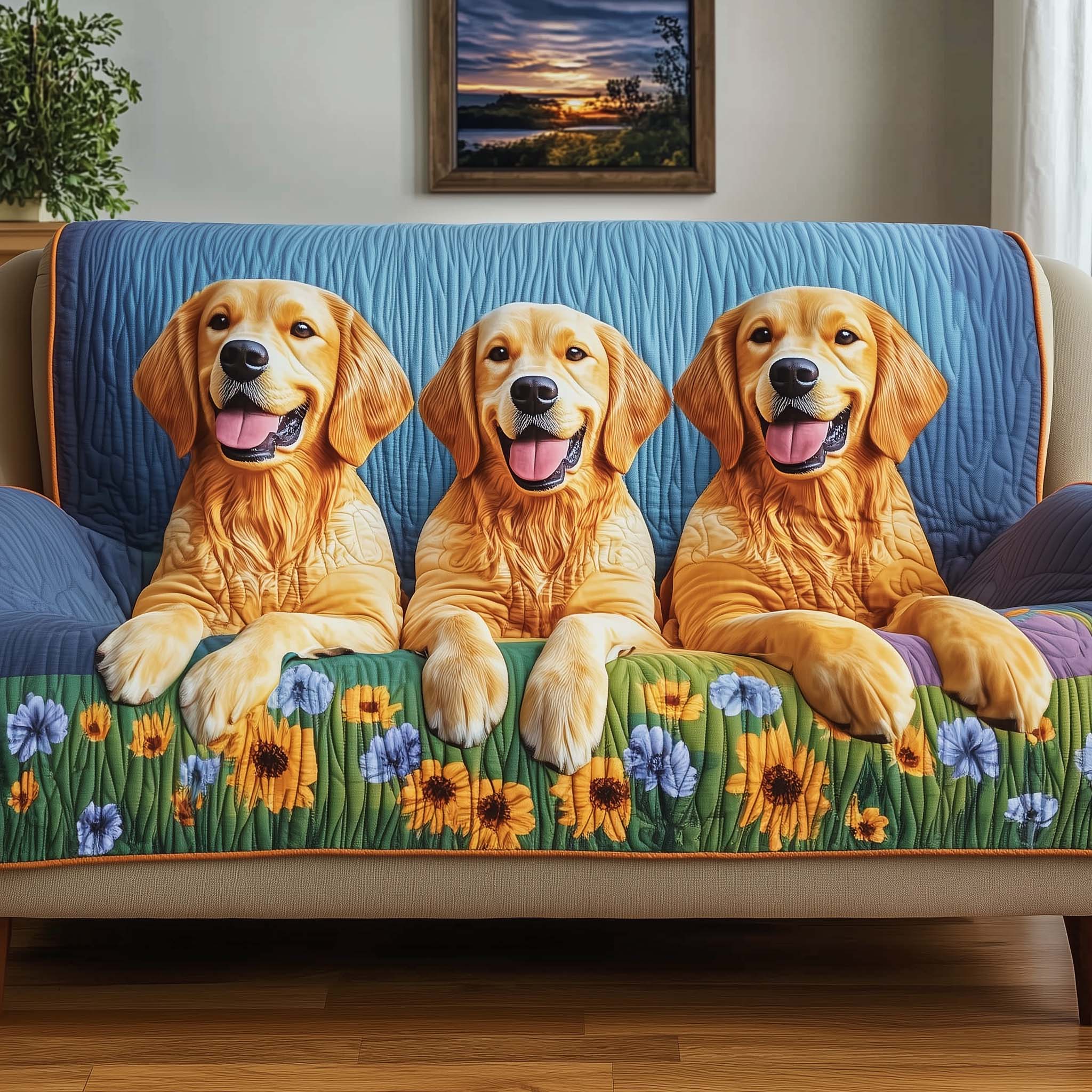 Golden Retriever Quilted Sofa Cover Friendly Golden Retriever Unique Present For Smart Dog