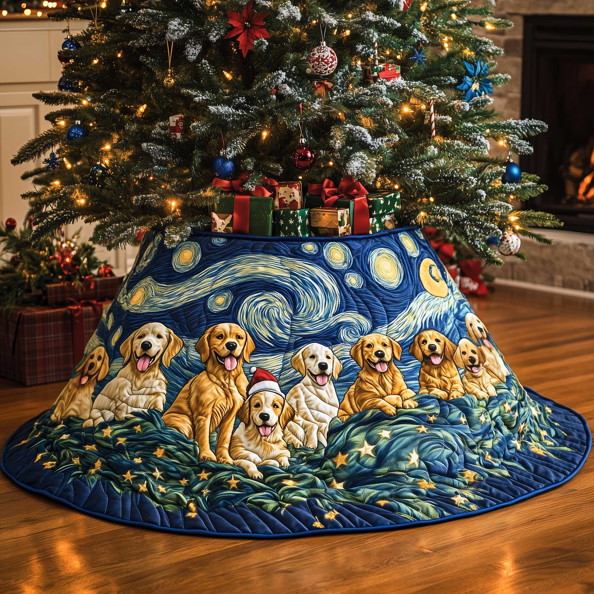 Golden Retriever Quilted Tree Skirt The Starry Night Pattern Cute Home Decor Dog Gifts For Xmas