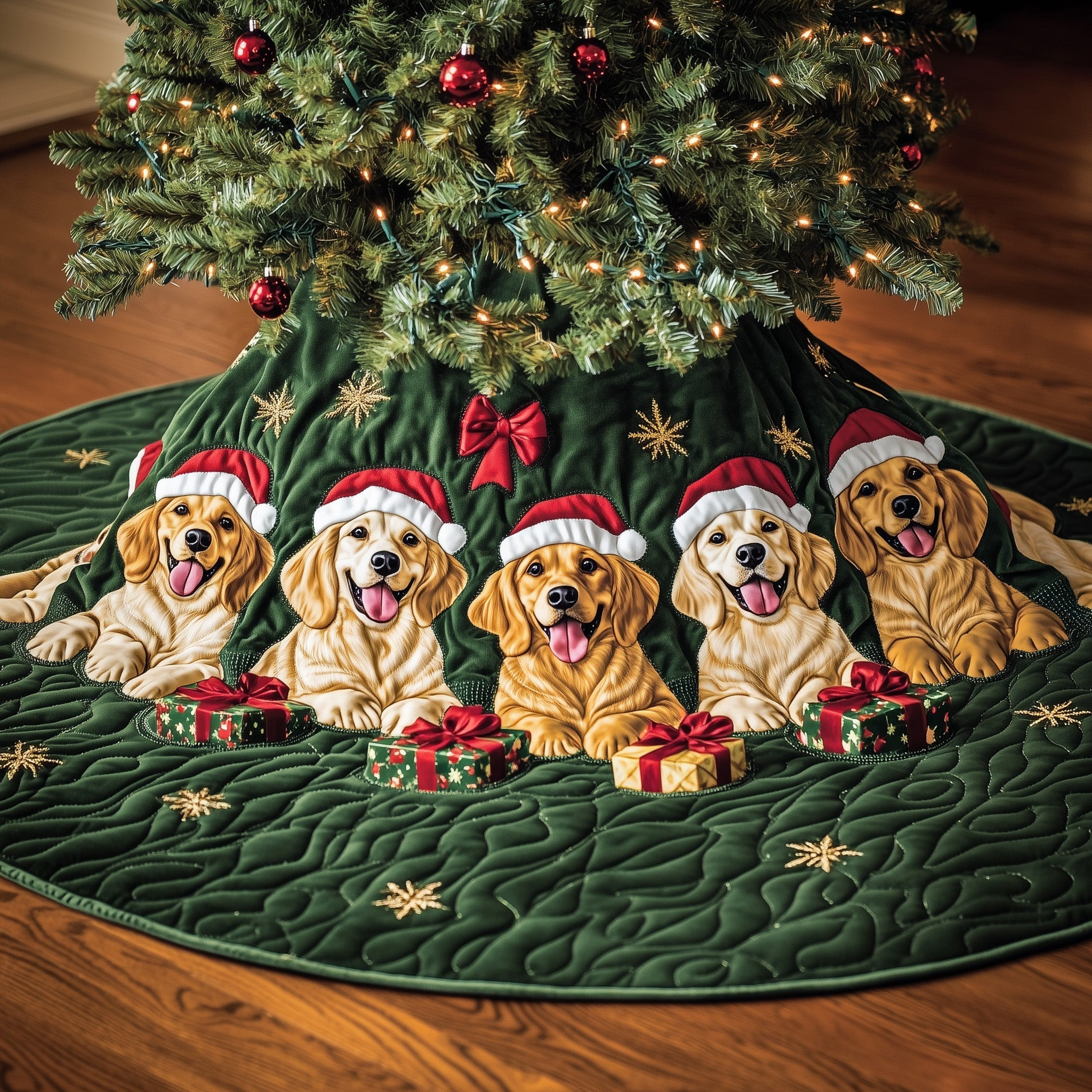 Golden Retriever Quilted Tree Skirt Xmas Themed Cozy Home Decor Dog Gifts For Christmas