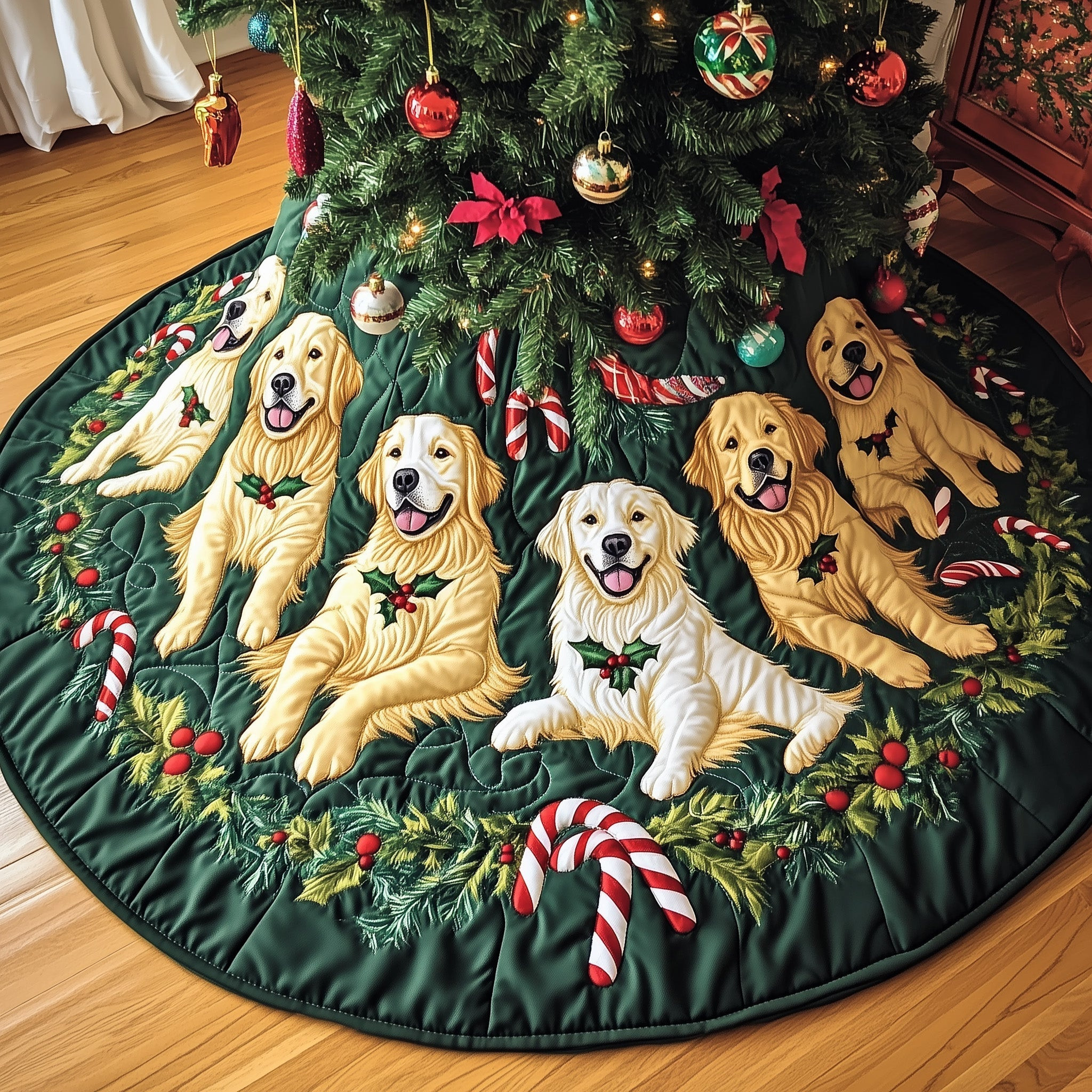 Golden Retriever Quilted Tree Skirt Xmas Themed Cozy Home Decor Xmas Presents For Dog Lover