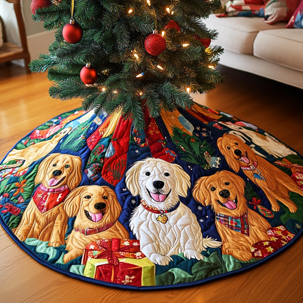 Golden Retriever Snow Magic Christmas Quilted Tree Skirt Popular Gift Merch for Christmas Enthusiasts