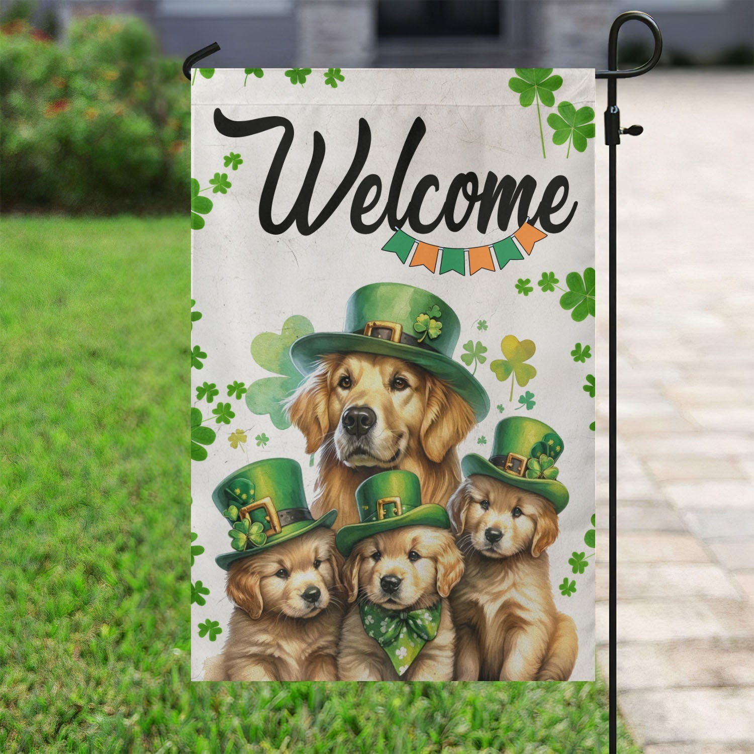 Golden Retriever Welcome St Patricks Day Flag Dog Design St Patricks Day Gift For Dog Owners