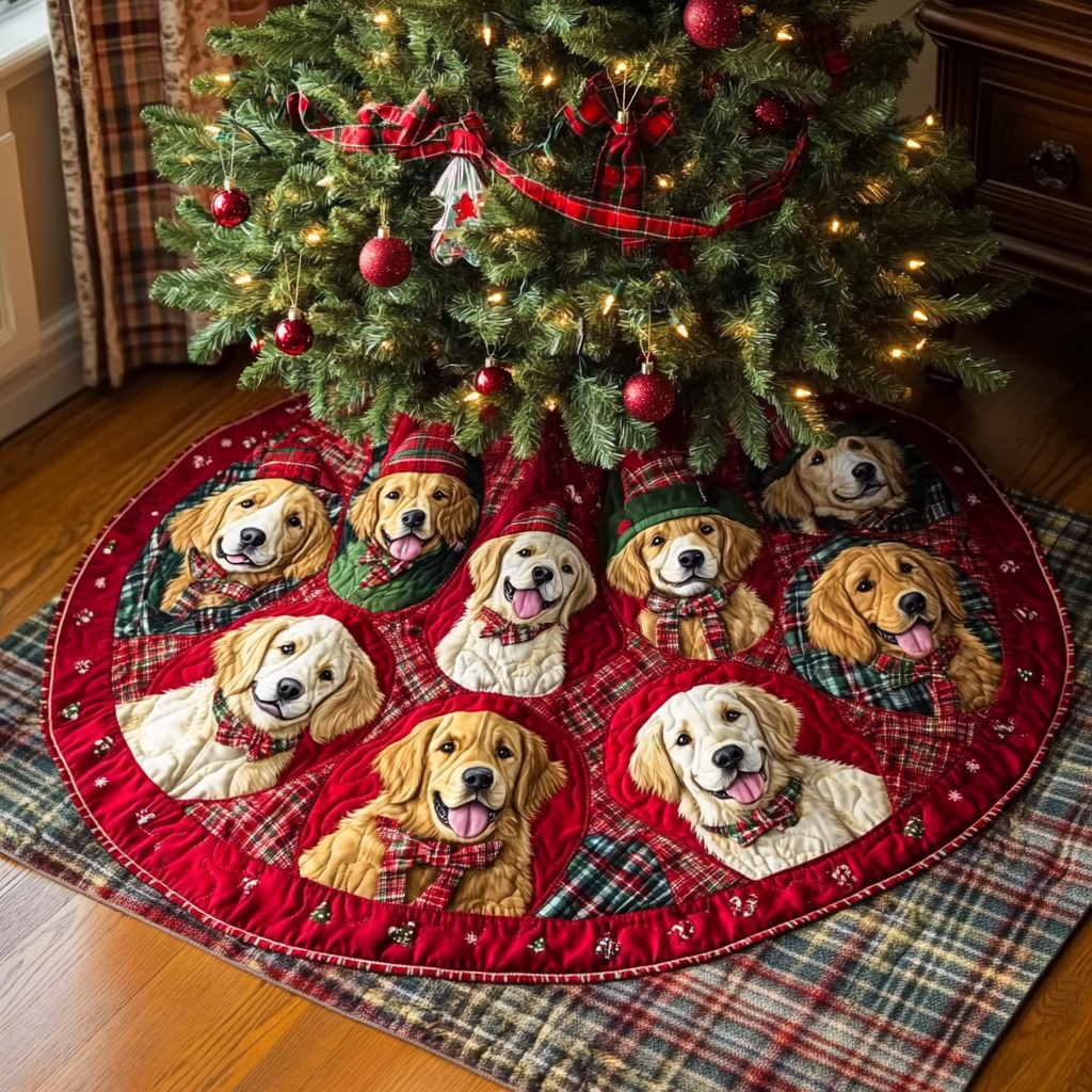 Golden Retriever Wonderland Chritstmas Quilted Tree Skirt Exclusive Holiday Tree Skirt Gift for Families