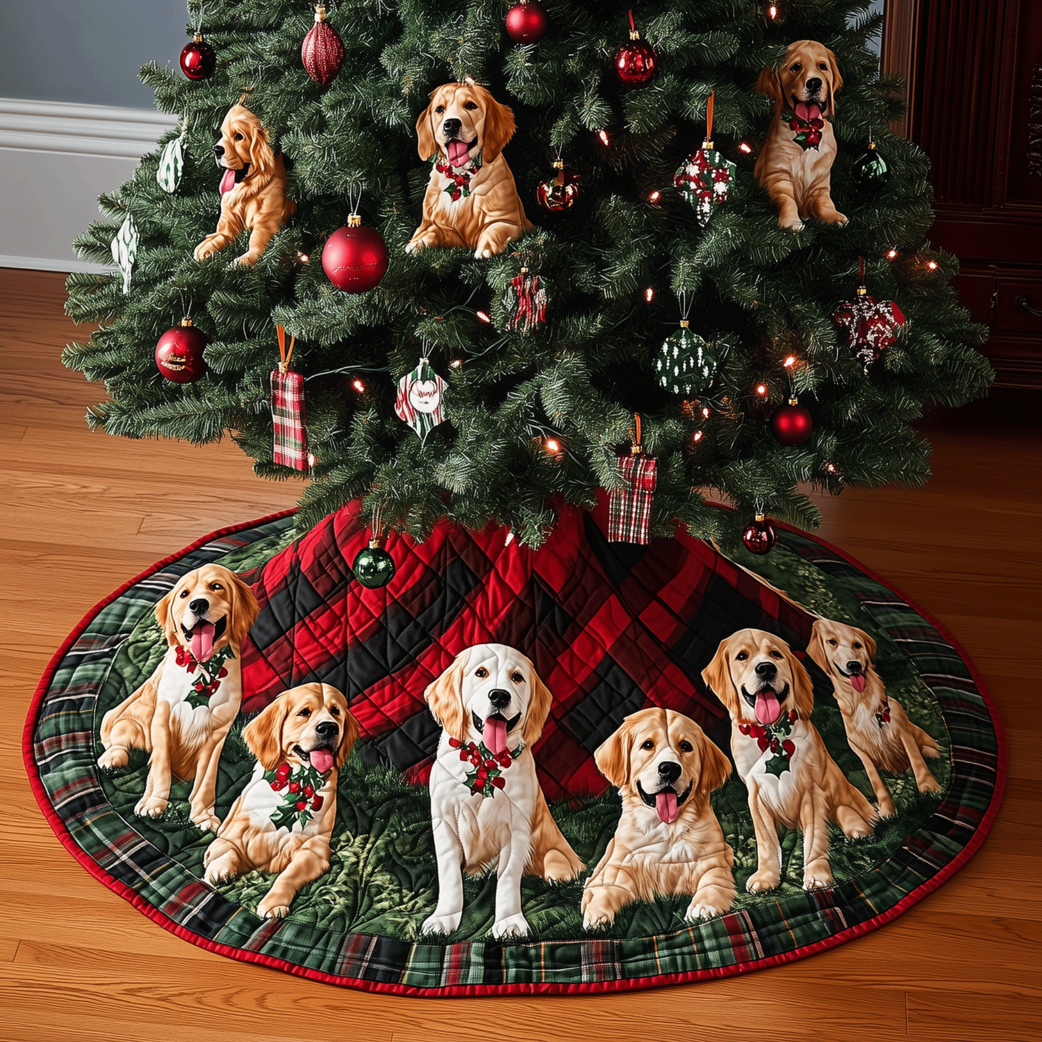 Golden Retriever Xmas Quilted Christmas Tree Skirt Trending Christmas Tree Skirt Merch 2025