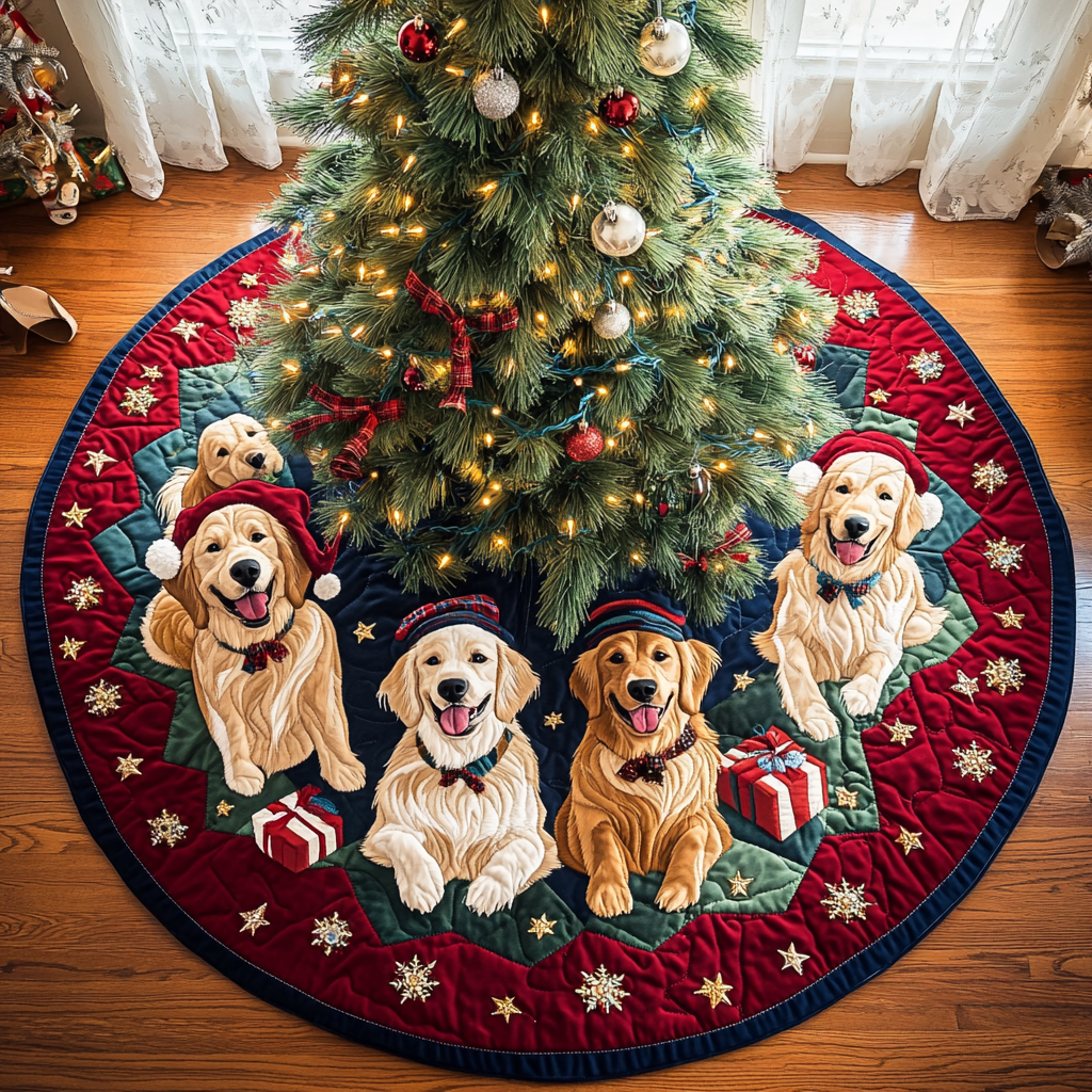 Golden Retrievers Glow Christmas Quilted Tree Skirt Holiday Decorations Gifts For Golden Retriever Lovers