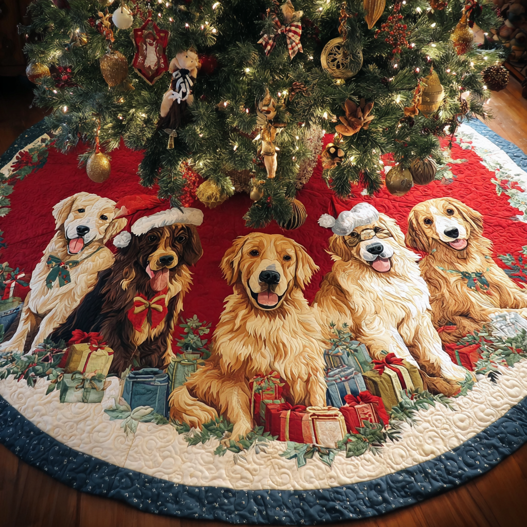 Golden Retrievers Harmony Christmas Quilted Tree Skirt Christmas Gifts For Golden Retriever Lovers